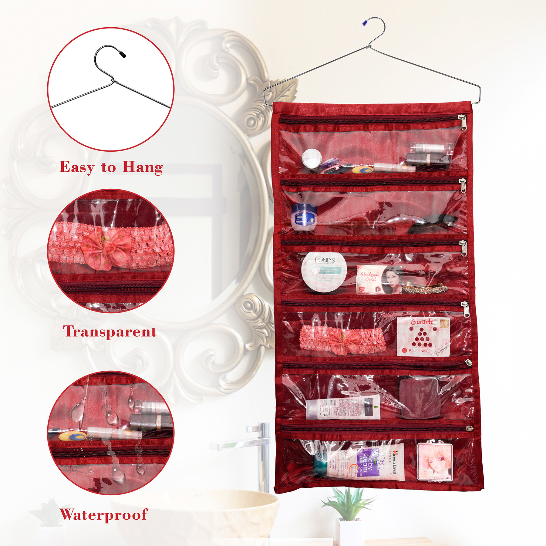 Kuber Industries Hanging Organizer  Satin Storage Hanger  6 Pocket Hanging Organizer  Storage Organizer with Hanger  Jewellery Kit  Jewellery Hanging Organizer  Maroon