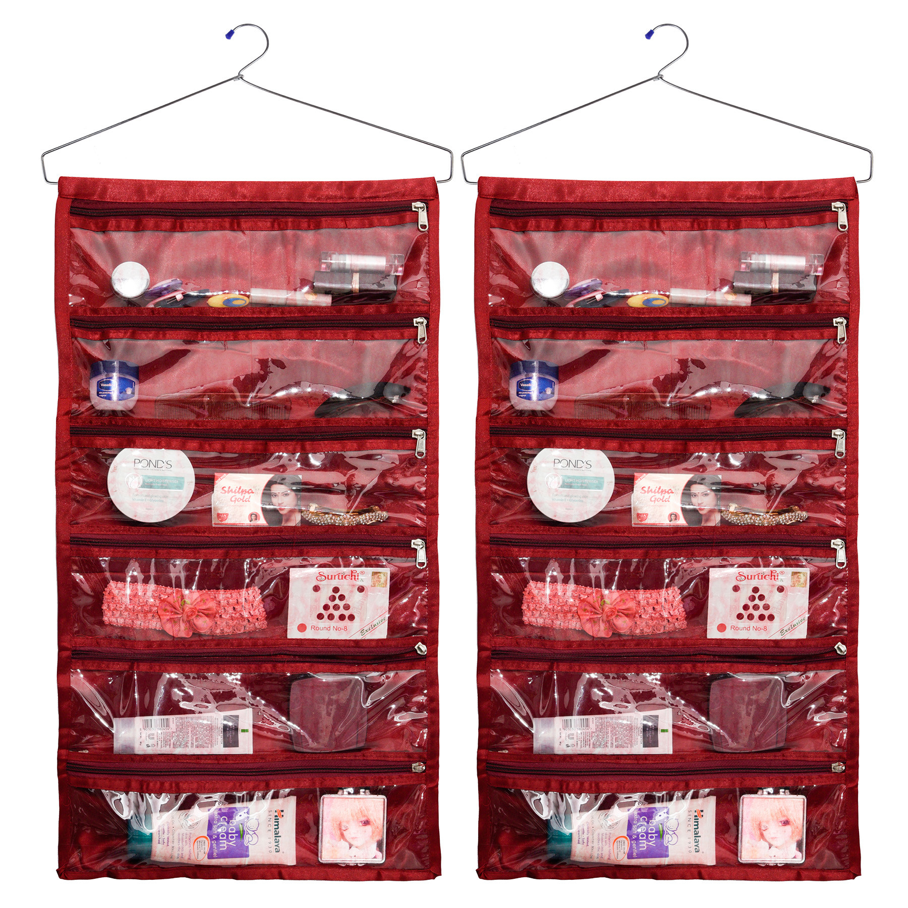 Kuber Industries Hanging Organizer | Satin Storage Hanger | 6 Pocket Hanging Organizer | Storage Organizer with Hanger | Jewellery Kit | Jewellery Hanging Organizer | Maroon