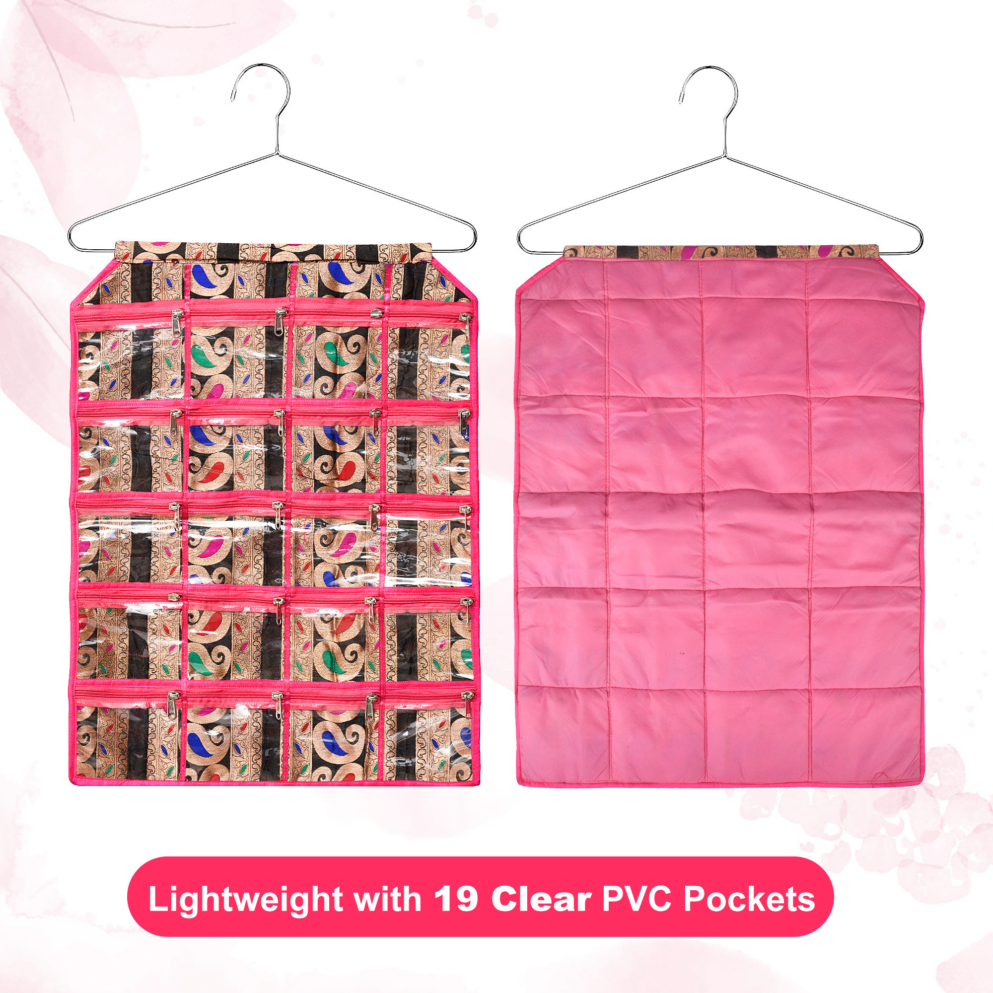 Kuber Industries Hanging Organizer  Wall Makeup Hanger  Storage Organizer  Hanger for Socks-Belt And Ties  Hanging Jewellery Organizer  19 Clear PVC Pockets  Carry Jama  Pink