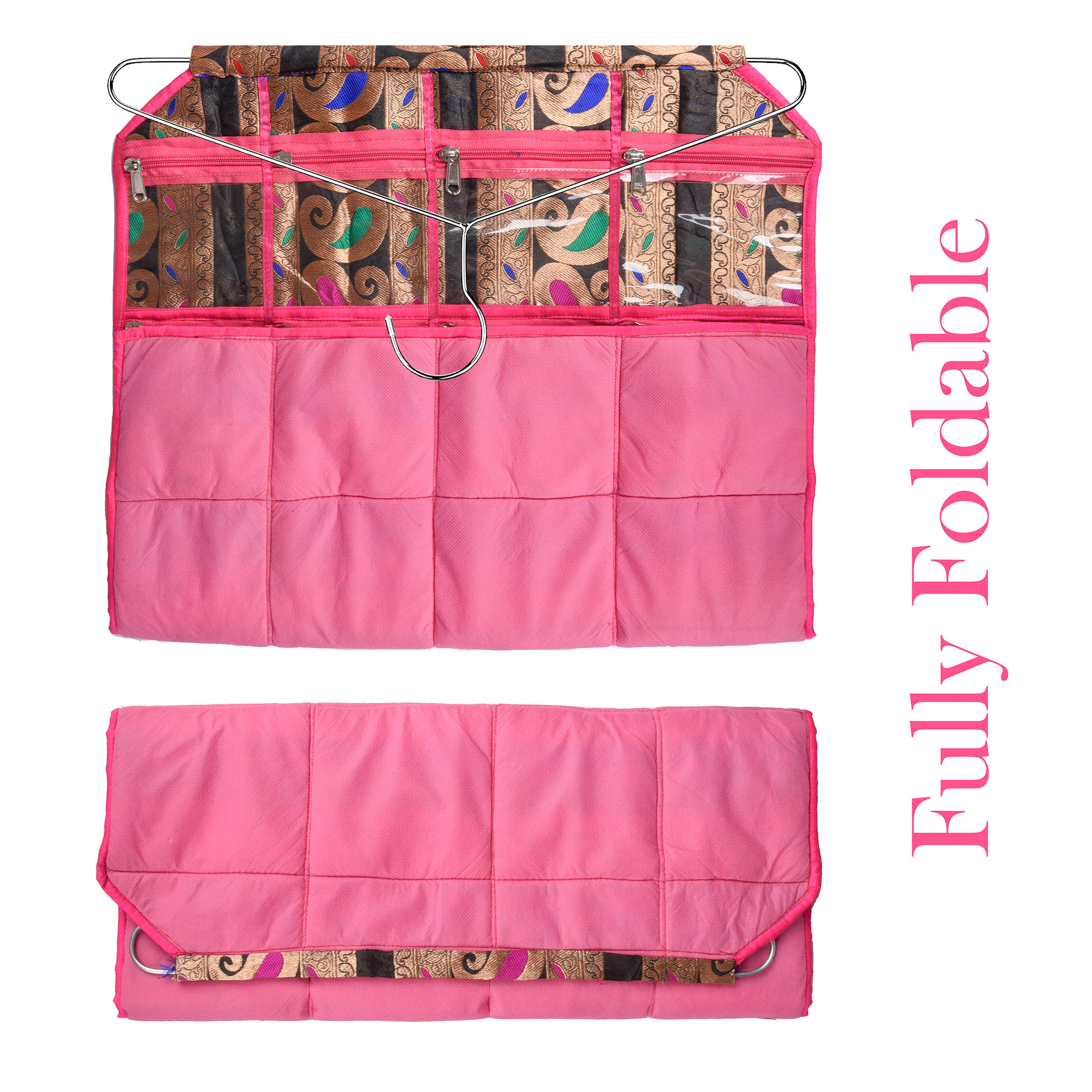 Kuber Industries Hanging Organizer  Wall Makeup Hanger  Storage Organizer  Hanger for Socks-Belt And Ties  Hanging Jewellery Organizer  19 Clear PVC Pockets  Carry Jama  Pink