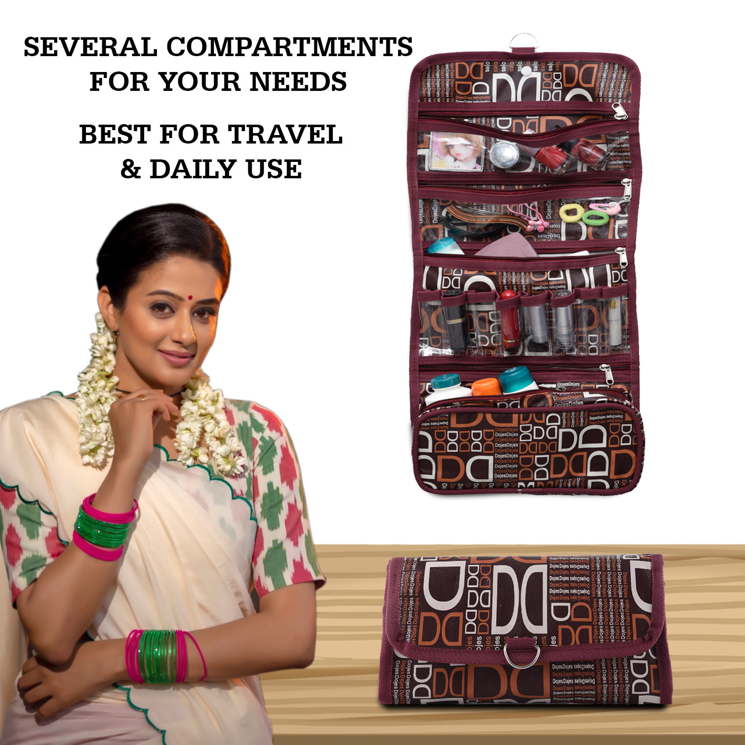 Kuber Industries Hanging Organizer|Rexine Makeup Travel Organizer|Foldable D Print Cosmetic Bag|Bathroom Organizer Kit|Toiletry Bag for Men & Women (Brown)