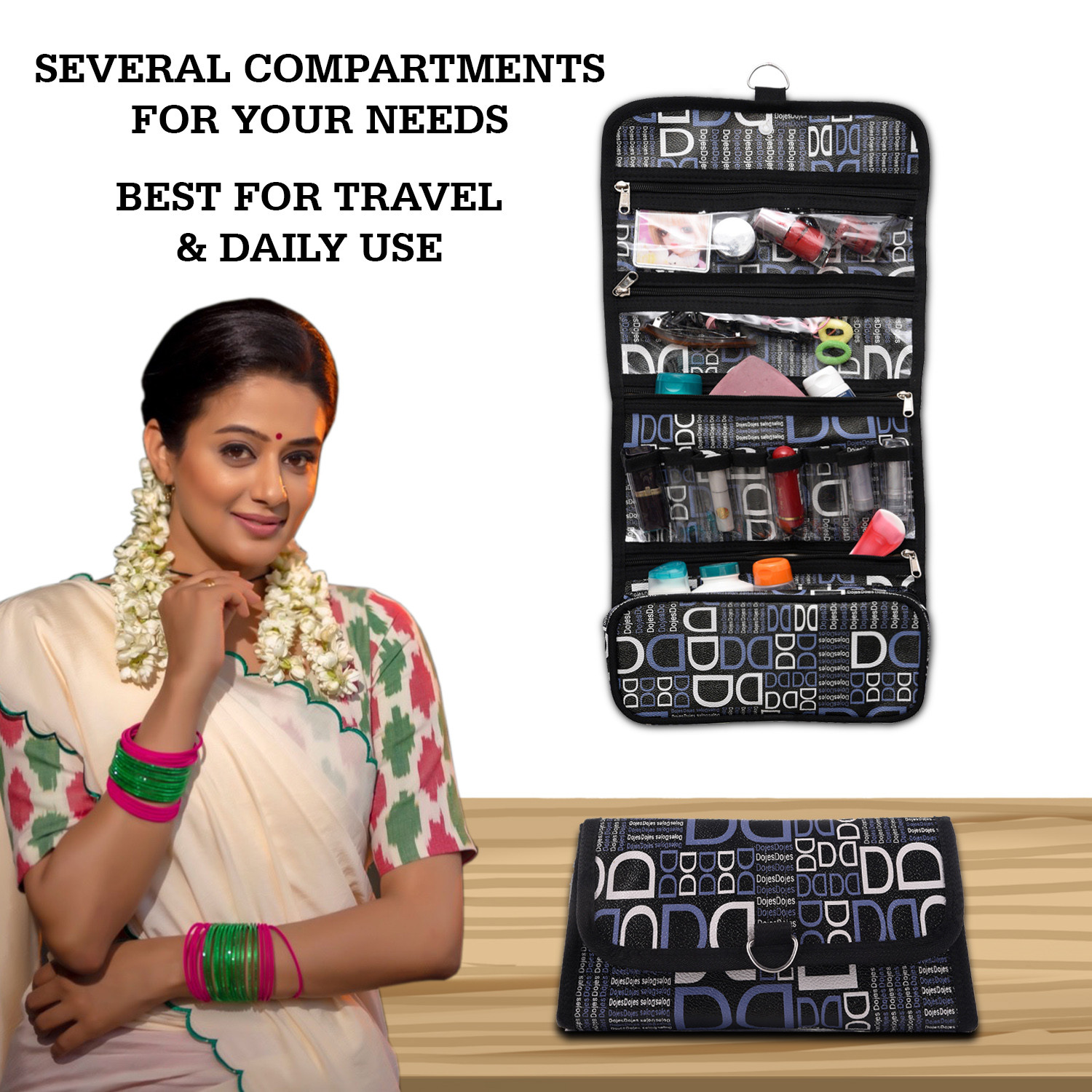 Kuber Industries Hanging Organizer|Rexine Makeup Travel Organizer|Foldable D Print Cosmetic Bag|Bathroom Organizer Kit|Toiletry Bag for Men & Women (Black)