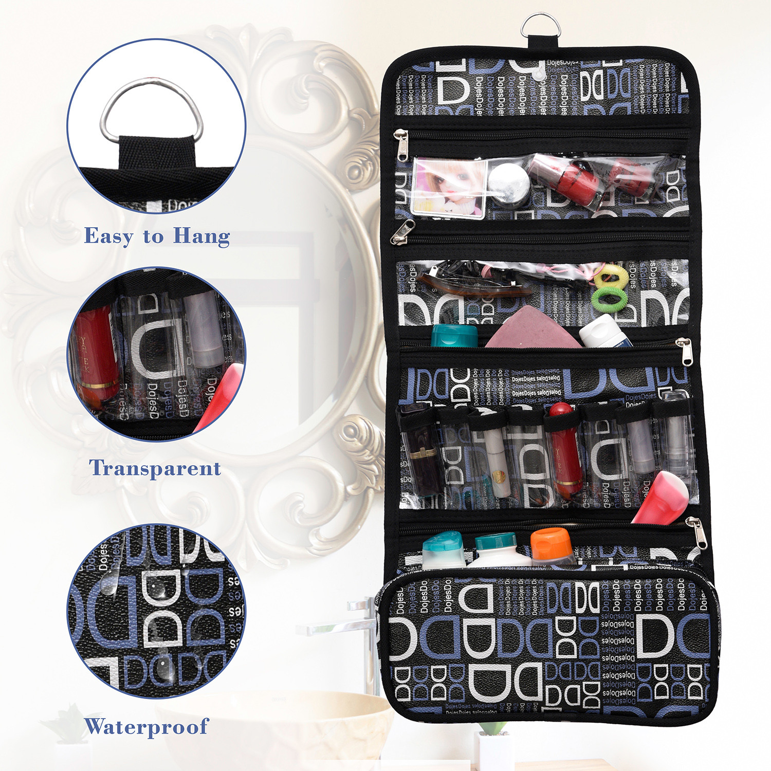 Kuber Industries Hanging Organizer|Rexine Makeup Travel Organizer|Foldable D Print Cosmetic Bag|Bathroom Organizer Kit|Toiletry Bag for Men & Women|Pack of 2 (Multi)