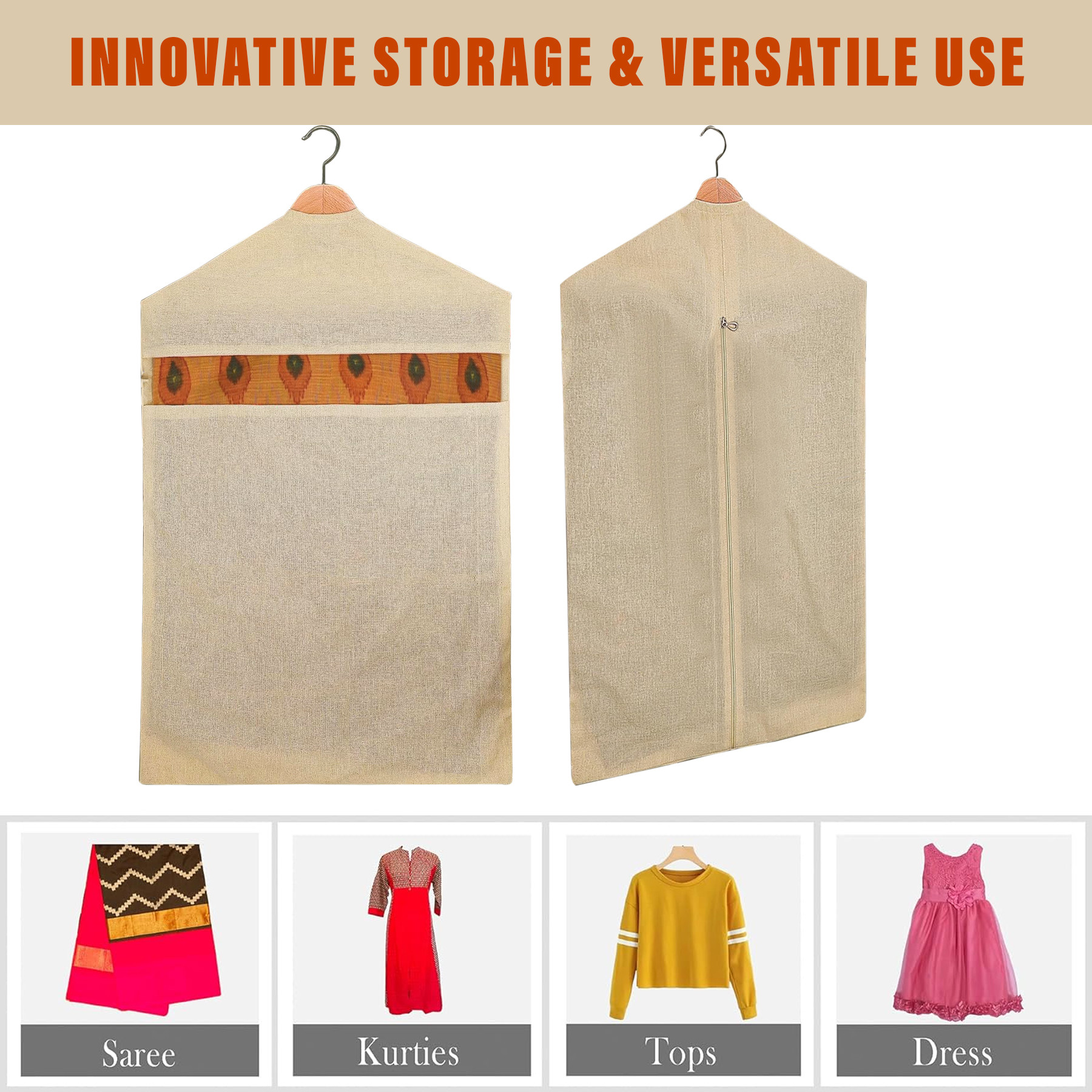 Kuber Industries Hanging Saree Bag  Cotton Clothes Bags for Storage  Hanging Cotton Saree Covers  Mesh Window Cloth Storage Bag  Saree Stoarge Covers with Zip  Pack of 3  Cream