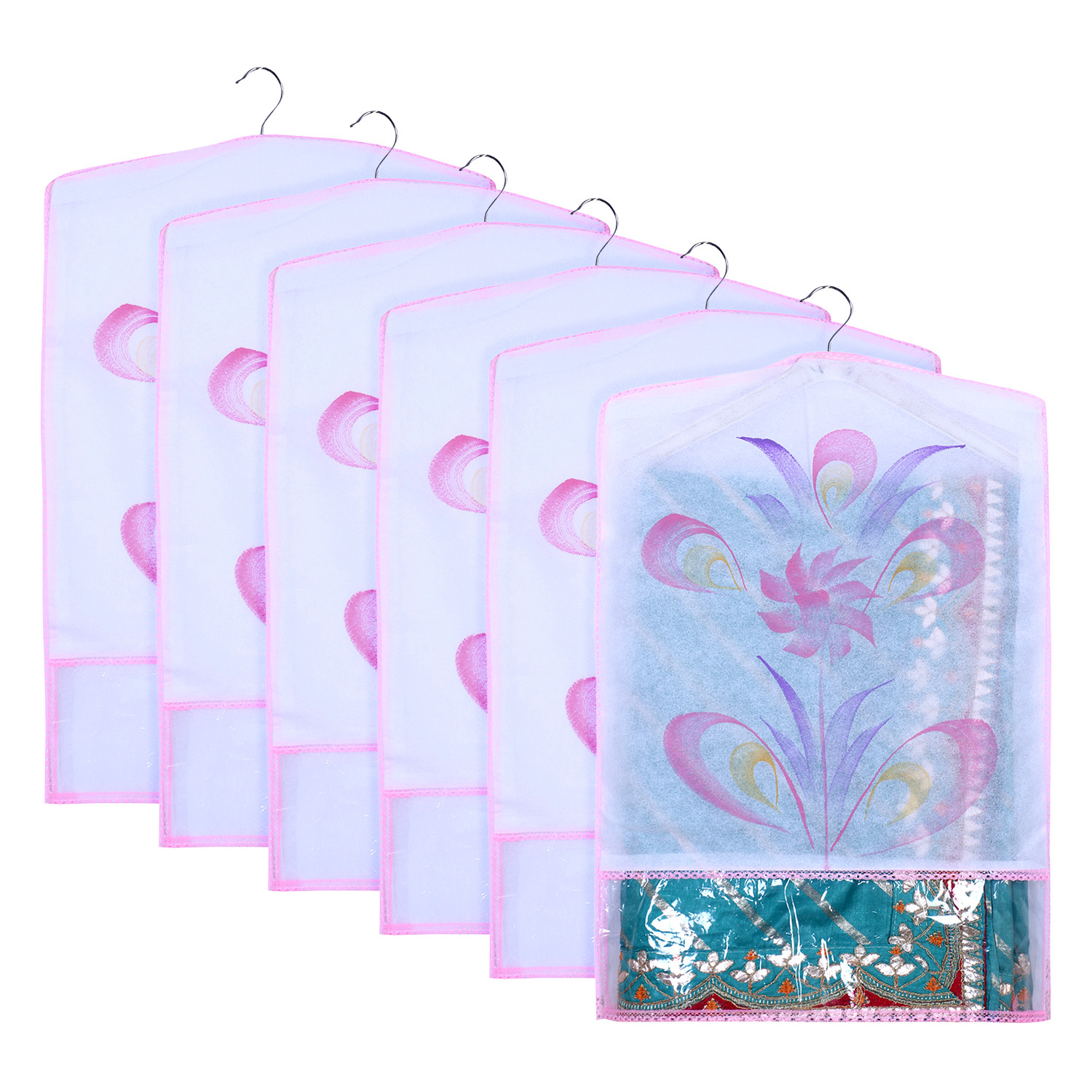 Kuber Industries Hanging Saree Cover | Brush Painting Pattern Saree Cover | Non-Woven Saree Covers for Home | Saree Cover with Small Transparent view |  Pink