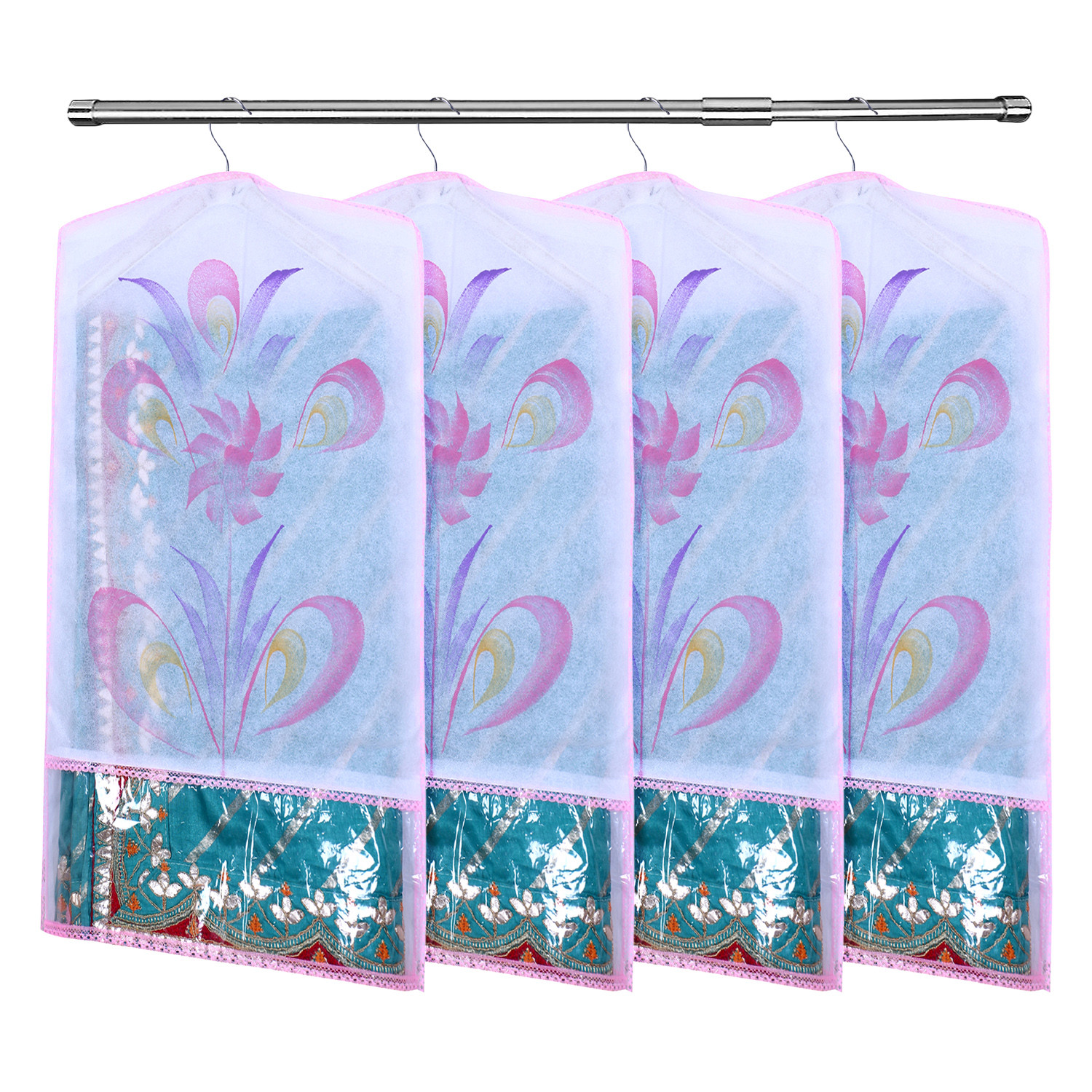 Kuber Industries Hanging Saree Cover | Brush Painting Pattern Saree Cover | Non-Woven Saree Covers for Home | Saree Cover with Small Transparent view |  Pink