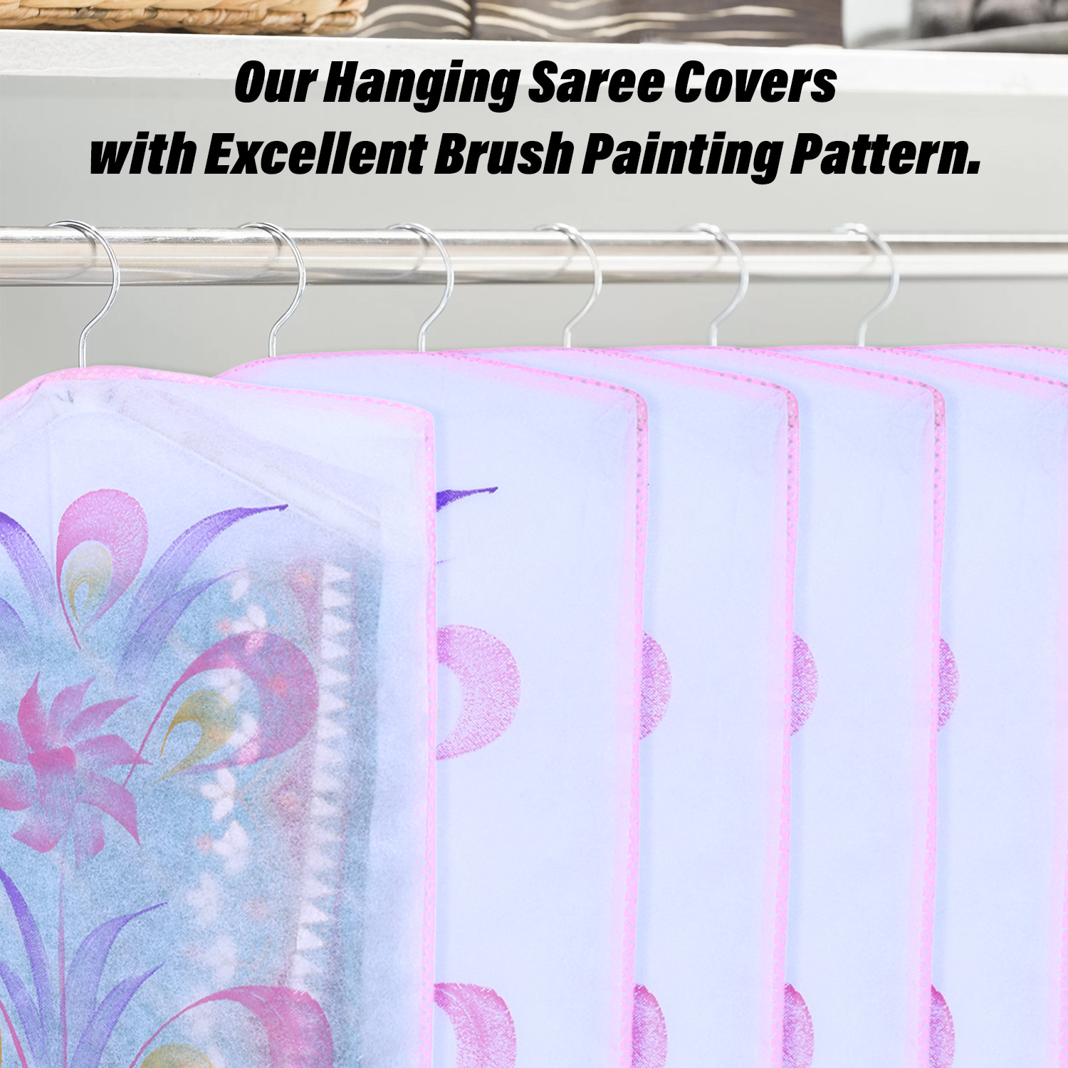 Kuber Industries Hanging Saree Cover | Brush Painting Pattern Saree Cover | Non-Woven Saree Covers for Home | Saree Cover with Small Transparent view |  Pink