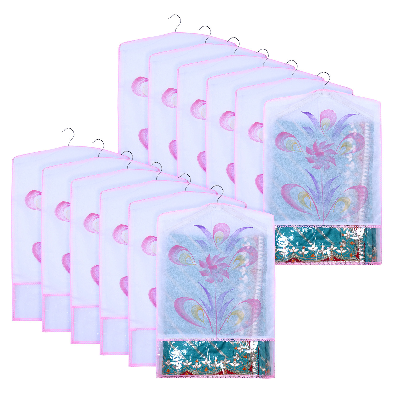 Kuber Industries Hanging Saree Cover | Brush Painting Pattern Saree Cover | Non-Woven Saree Covers for Home | Saree Cover with Small Transparent view |  Pink
