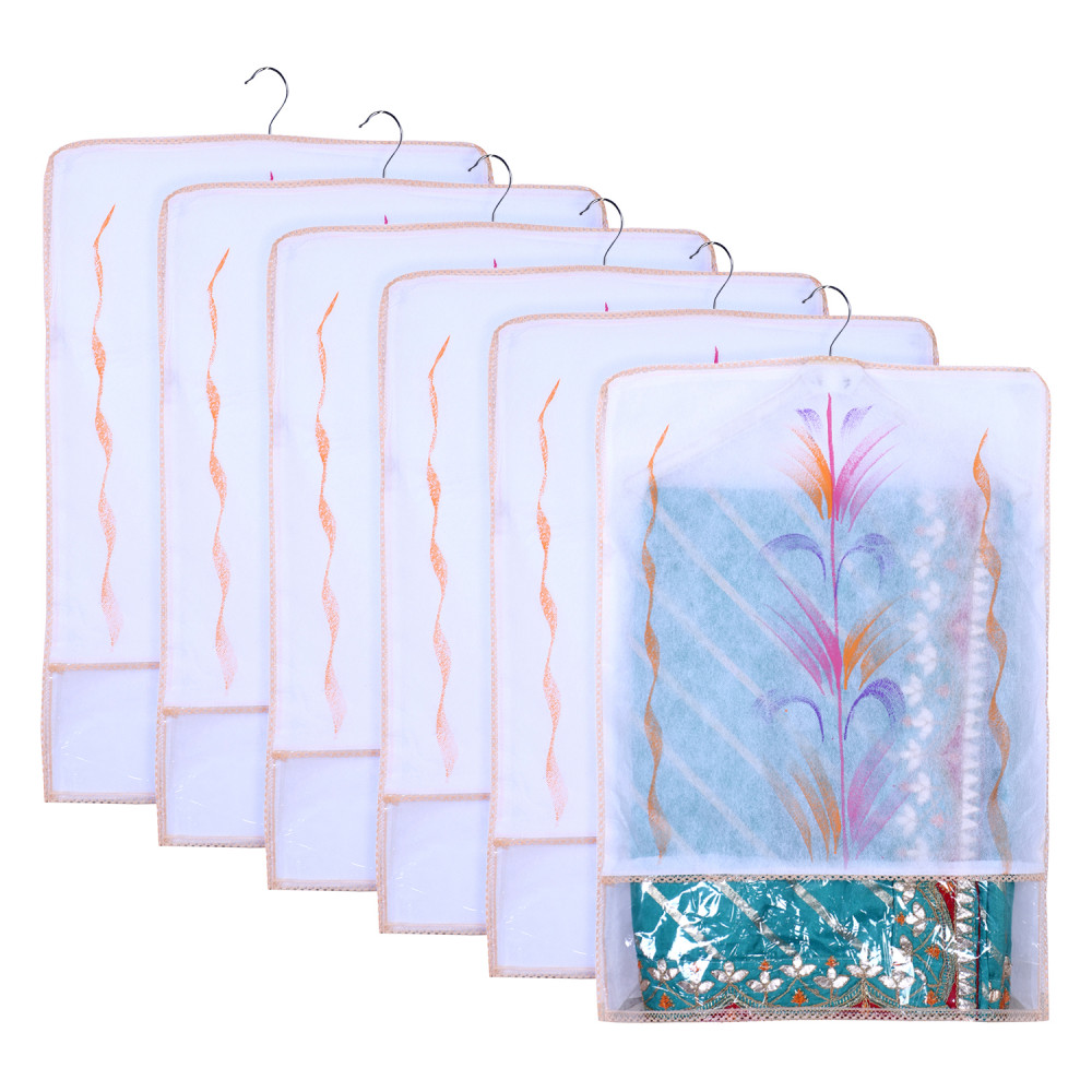 Kuber Industries Hanging Saree Cover | Brush Painting Pattern Saree Cover | Non-Woven Saree Covers for Home | Saree Cover with Small Transparent view |  Orange