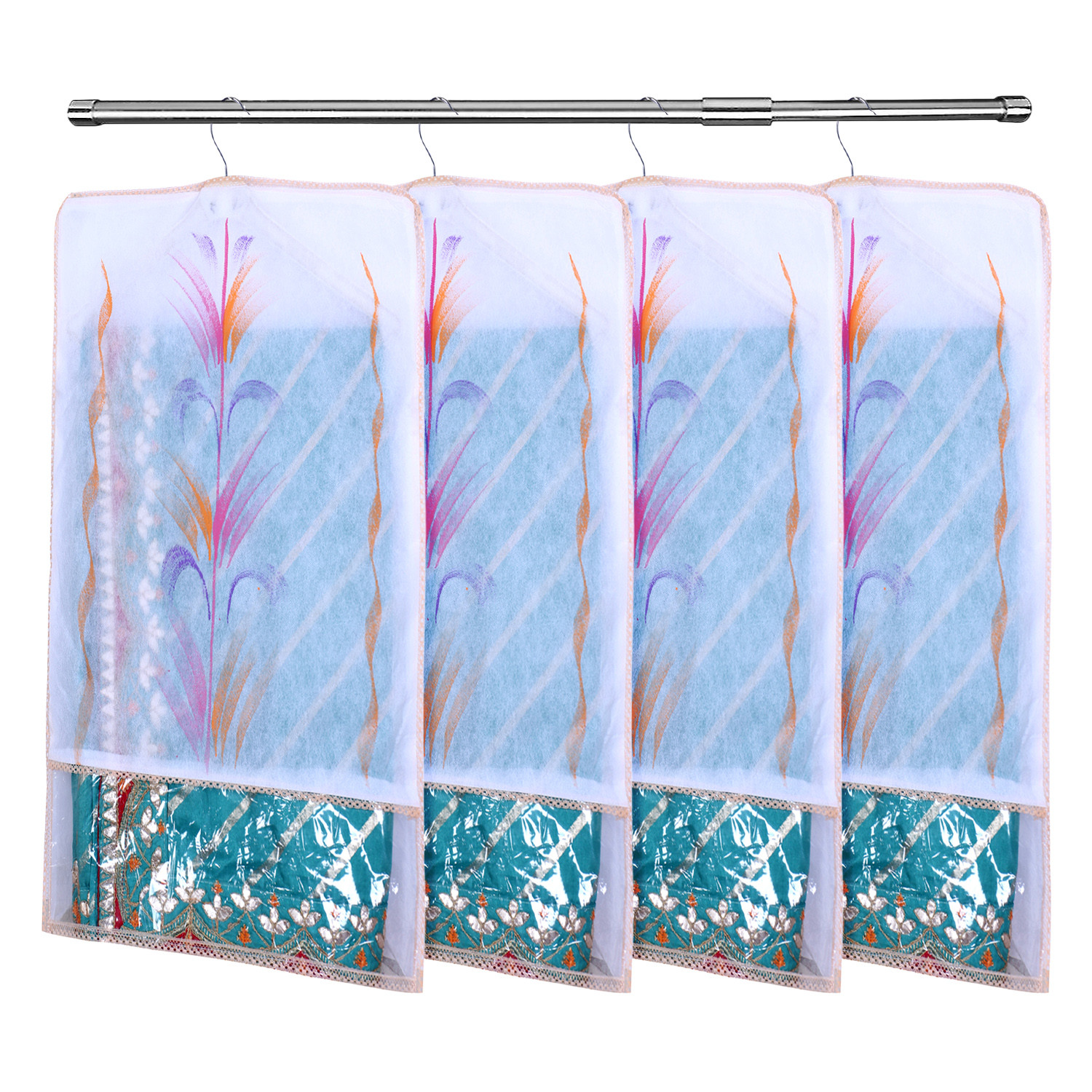 Kuber Industries Hanging Saree Cover | Brush Painting Pattern Saree Cover | Non-Woven Saree Covers for Home | Saree Cover with Small Transparent view |  Orange