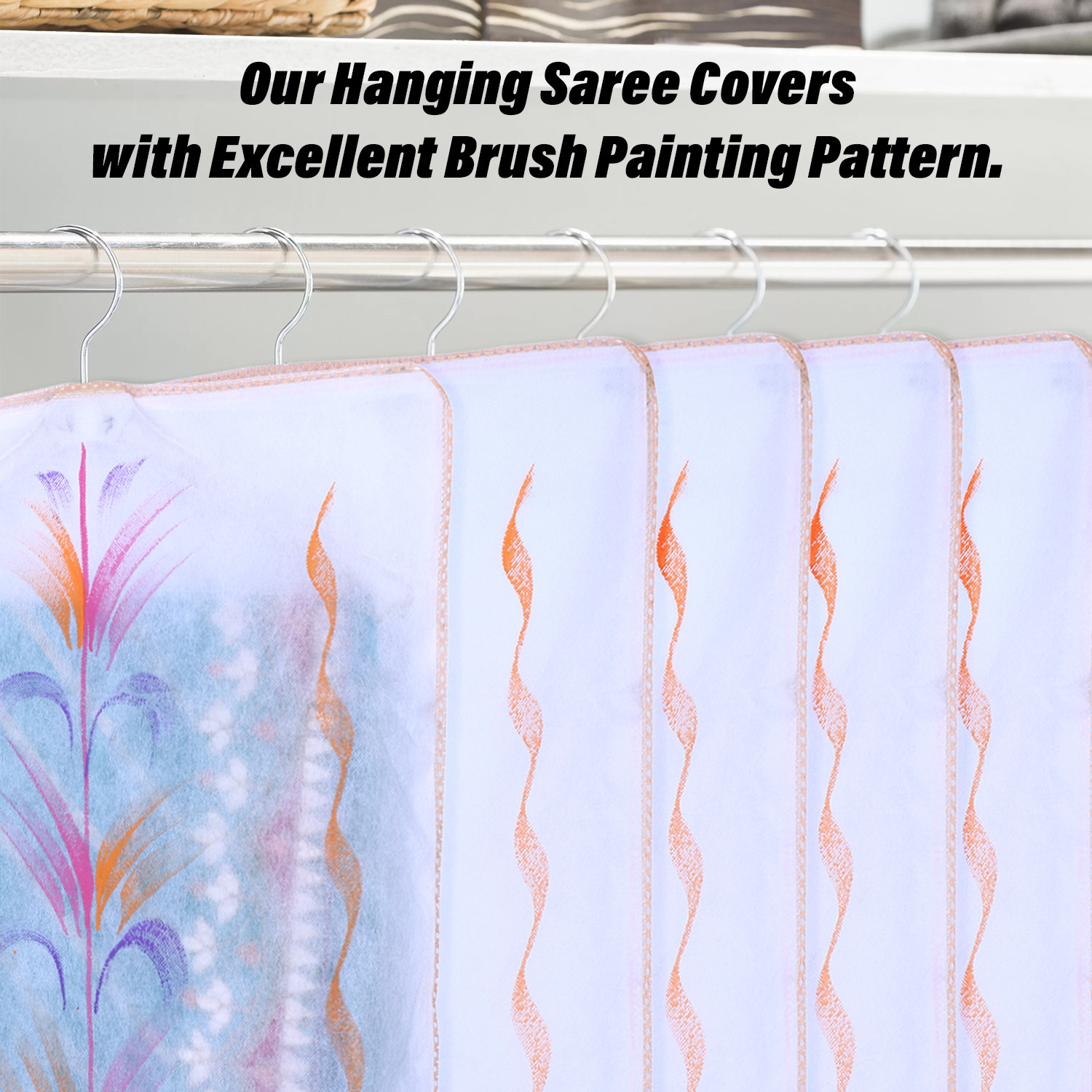 Kuber Industries Hanging Saree Cover | Brush Painting Pattern Saree Cover | Non-Woven Saree Covers for Home | Saree Cover with Small Transparent view |  Orange