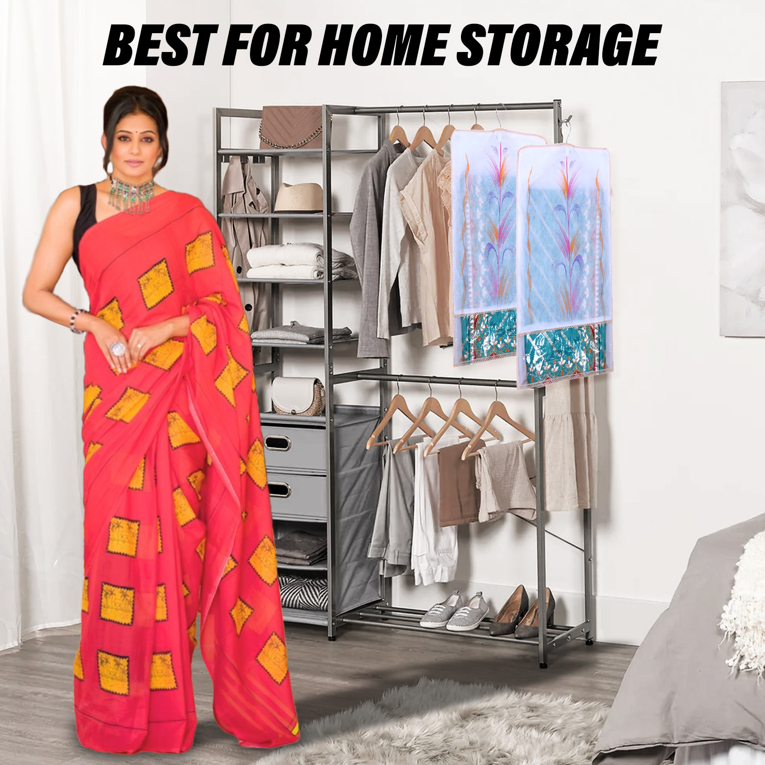 Kuber Industries Hanging Saree Cover | Brush Painting Pattern Saree Cover | Non-Woven Saree Covers for Home | Saree Cover with Small Transparent view |  Orange