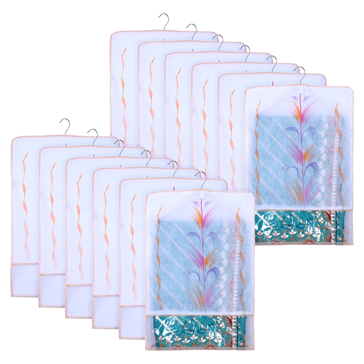 Kuber Industries Hanging Saree Cover | Brush Painting Pattern Saree Cover | Non-Woven Saree Covers for Home | Saree Cover with Small Transparent view |  Orange
