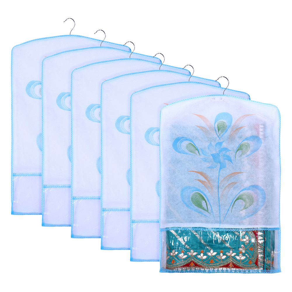 Kuber Industries Hanging Saree Cover | Brush Painting Pattern Saree Cover | Non-Woven Saree Covers for Home | Saree Cover with Small Transparent view |  Sky Blue