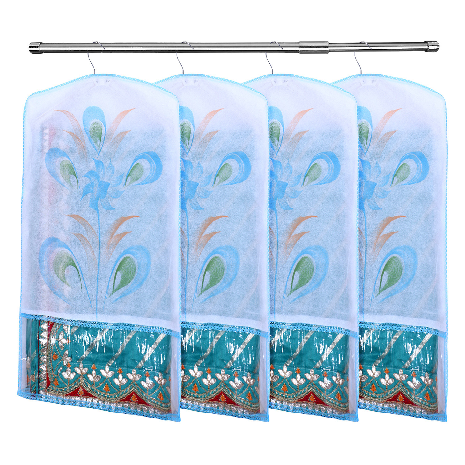 Kuber Industries Hanging Saree Cover | Brush Painting Pattern Saree Cover | Non-Woven Saree Covers for Home | Saree Cover with Small Transparent view |  Sky Blue