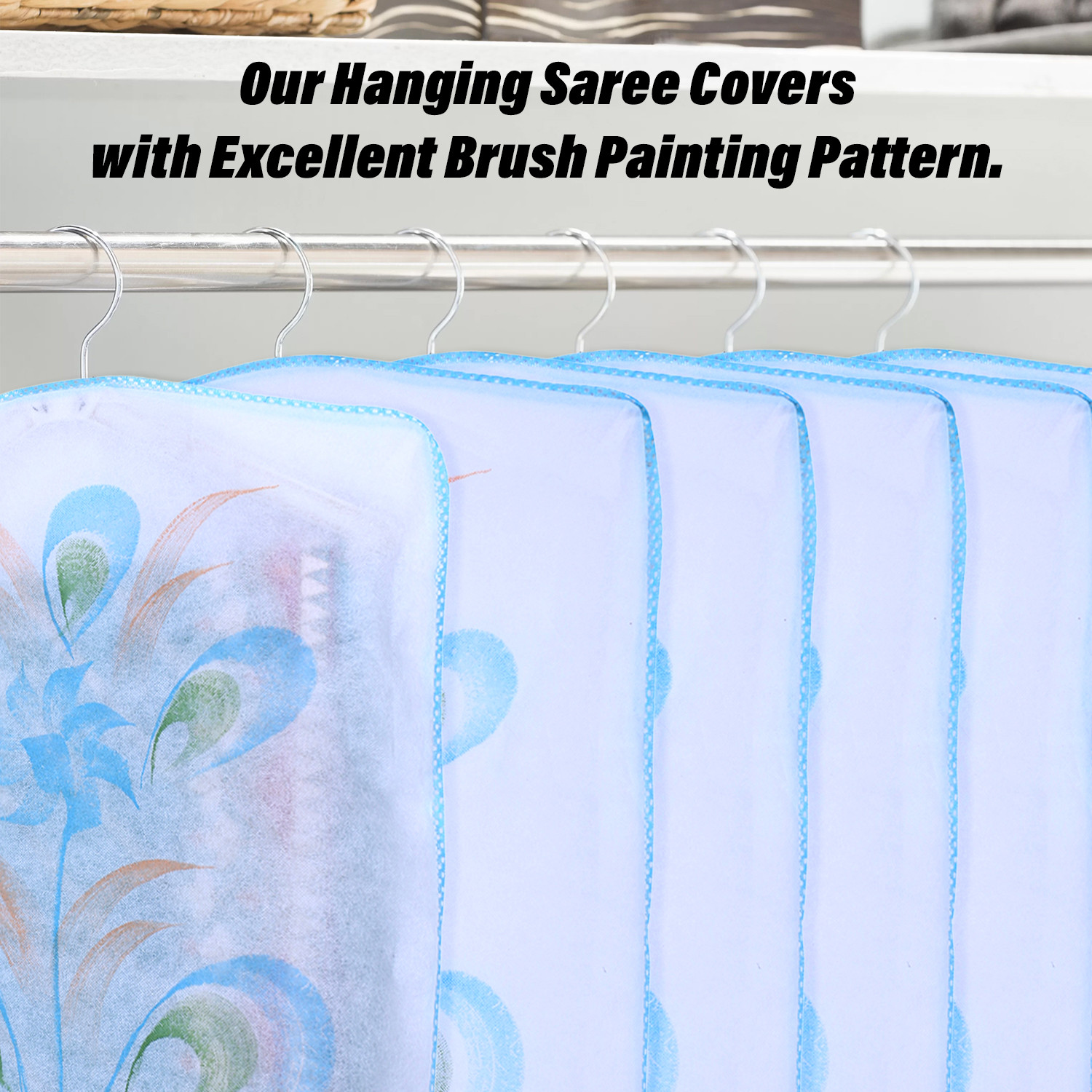Kuber Industries Hanging Saree Cover | Brush Painting Pattern Saree Cover | Non-Woven Saree Covers for Home | Saree Cover with Small Transparent view |  Sky Blue