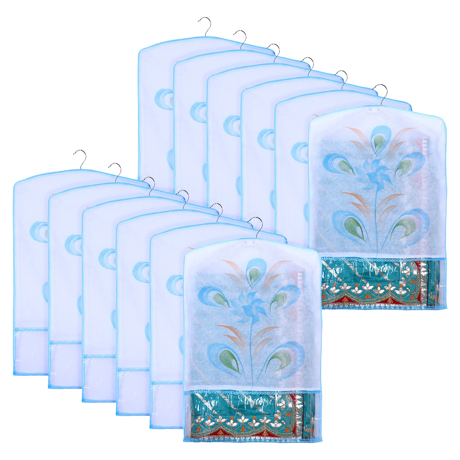 Kuber Industries Hanging Saree Cover | Brush Painting Pattern Saree Cover | Non-Woven Saree Covers for Home | Saree Cover with Small Transparent view |  Sky Blue