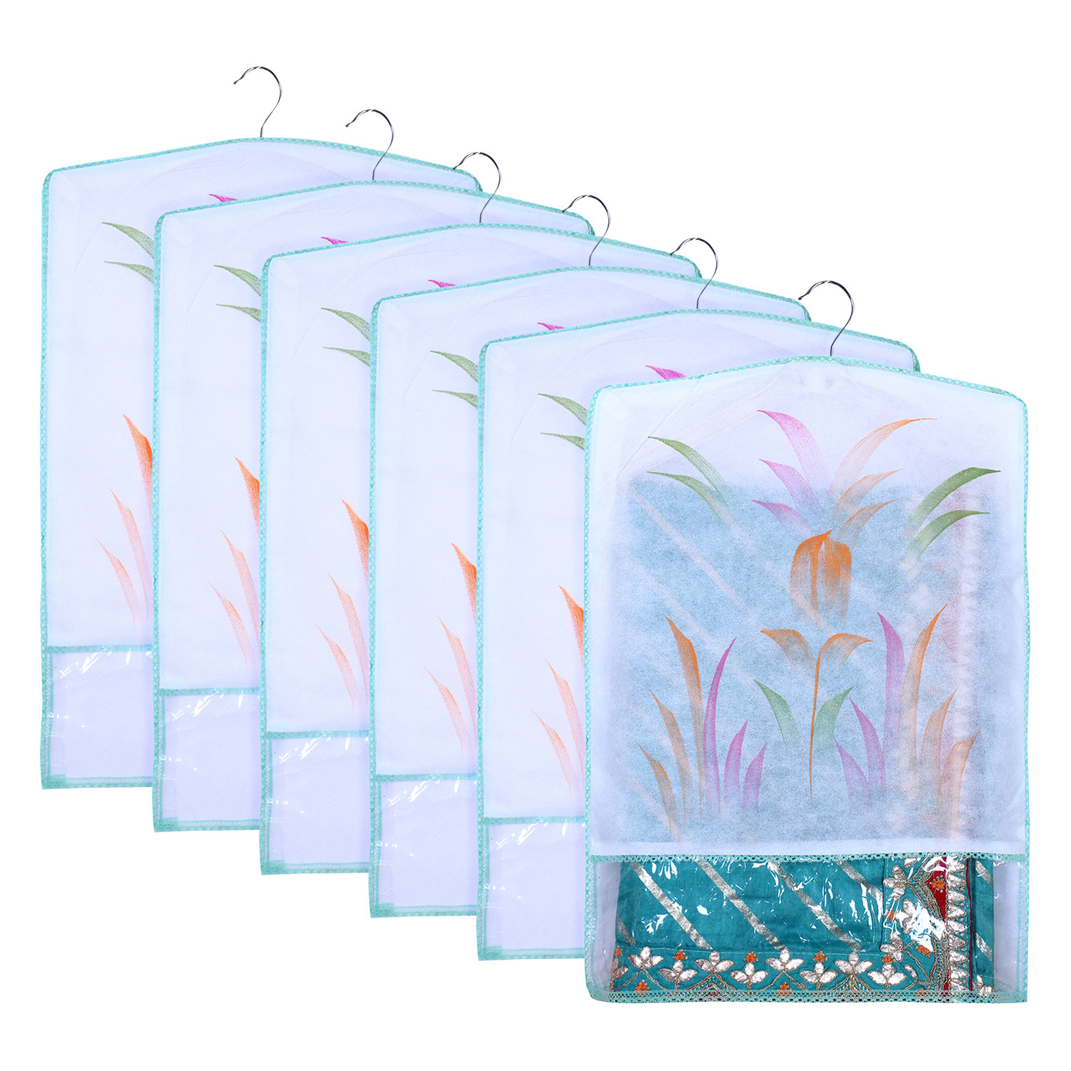 Kuber Industries Hanging Saree Cover | Brush Painting Pattern Saree Cover | Non-Woven Saree Covers for Home | Saree Cover with Small Transparent view |  Green
