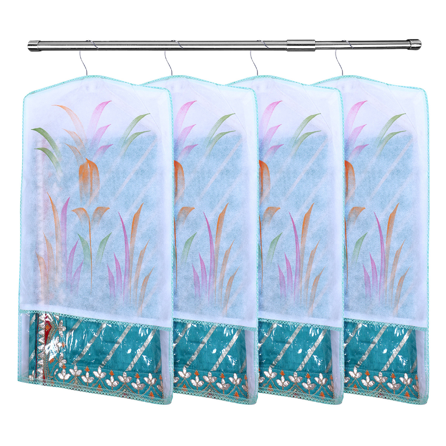 Kuber Industries Hanging Saree Cover | Brush Painting Pattern Saree Cover | Non-Woven Saree Covers for Home | Saree Cover with Small Transparent view |  Green