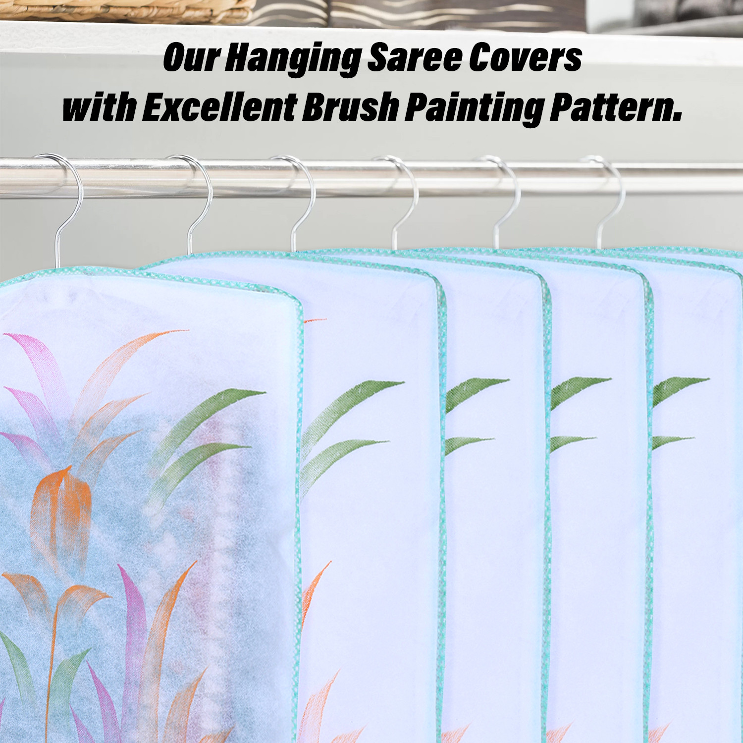 Kuber Industries Hanging Saree Cover | Brush Painting Pattern Saree Cover | Non-Woven Saree Covers for Home | Saree Cover with Small Transparent view |  Green