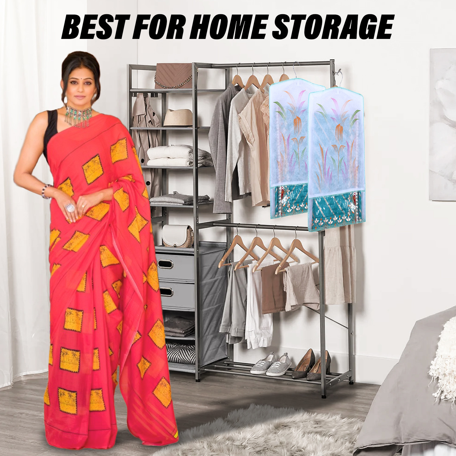 Kuber Industries Hanging Saree Cover | Brush Painting Pattern Saree Cover | Non-Woven Saree Covers for Home | Saree Cover with Small Transparent view |  Green