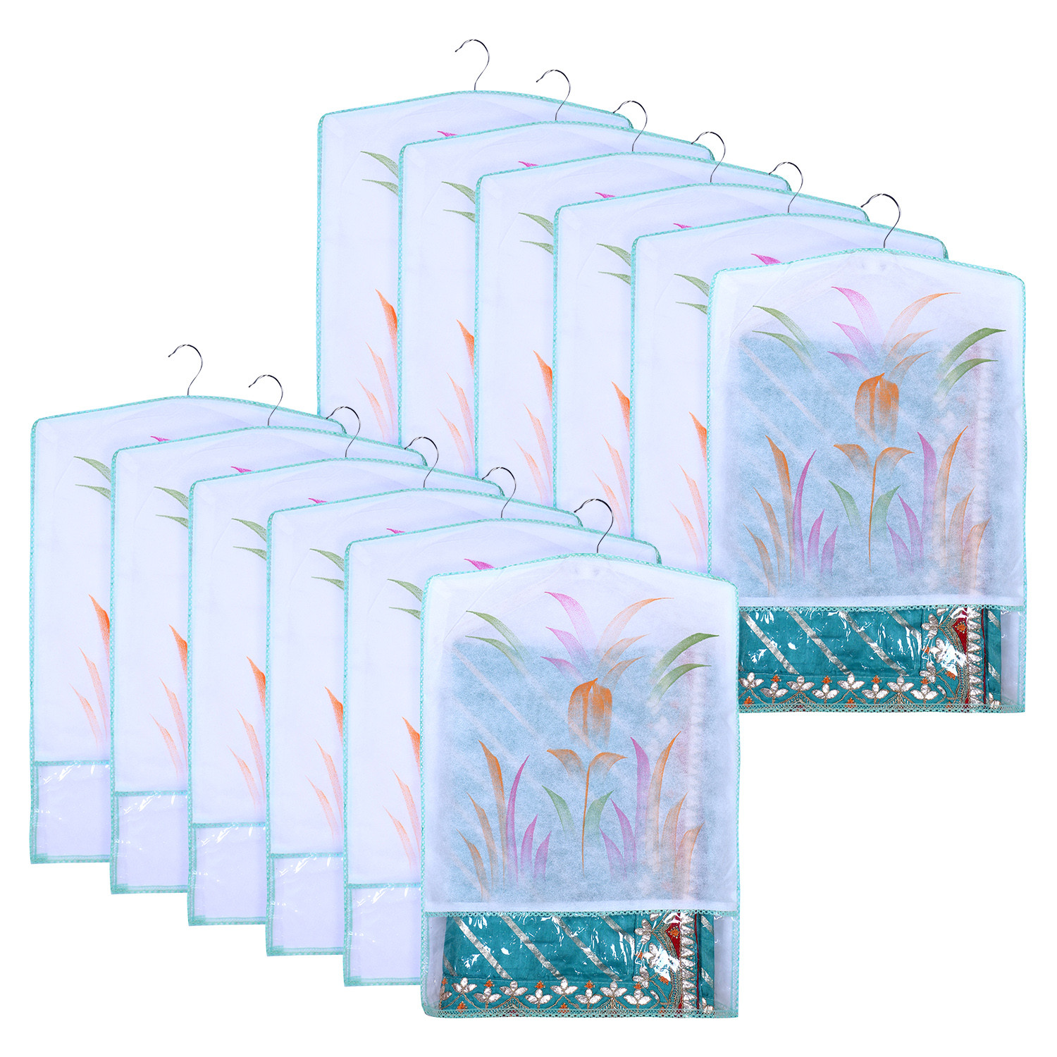 Kuber Industries Hanging Saree Cover | Brush Painting Pattern Saree Cover | Non-Woven Saree Covers for Home | Saree Cover with Small Transparent view |  Green