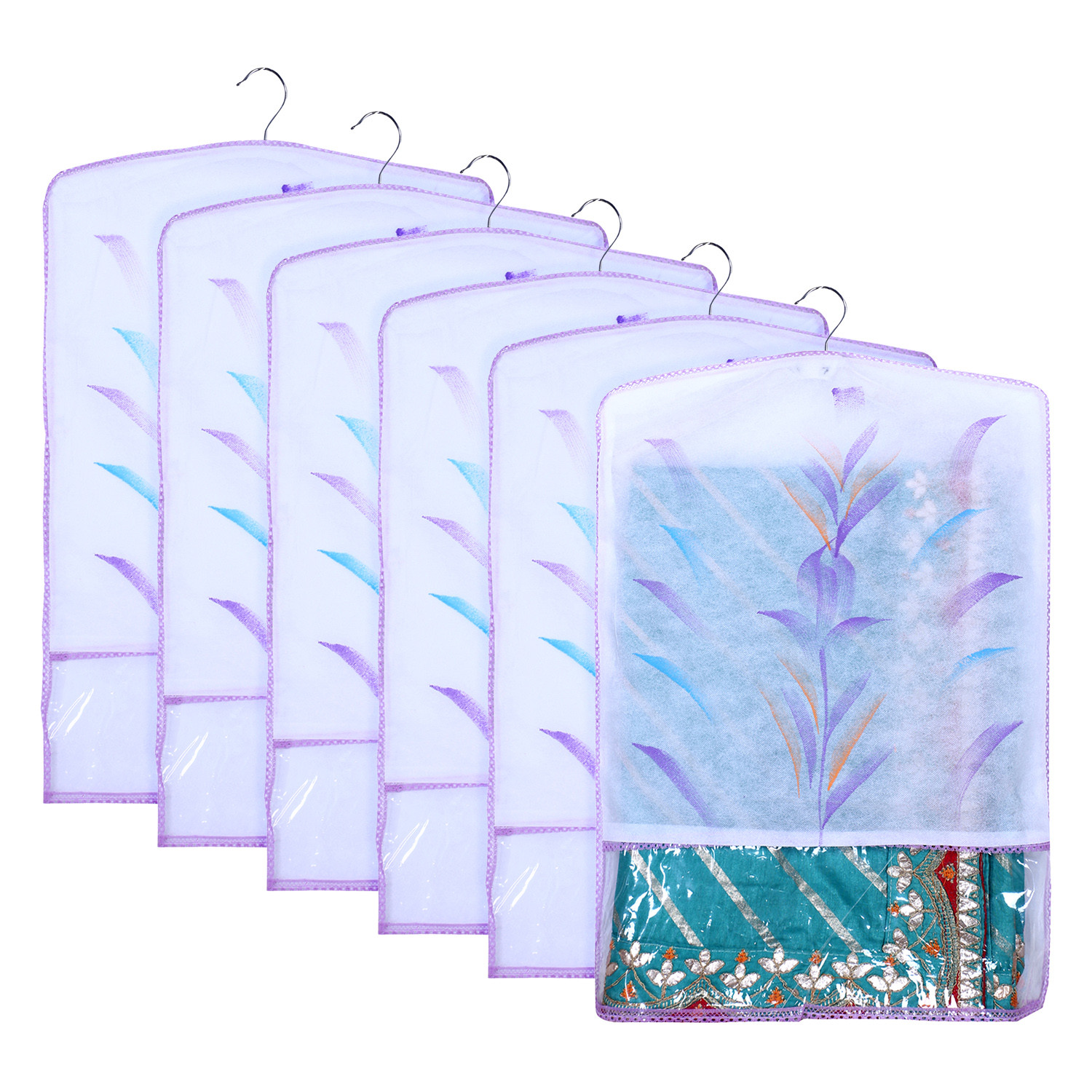 Kuber Industries Hanging Saree Cover | Brush Painting Pattern Saree Cover | Non-Woven Saree Covers for Home | Saree Cover with Small Transparent view |  Purple