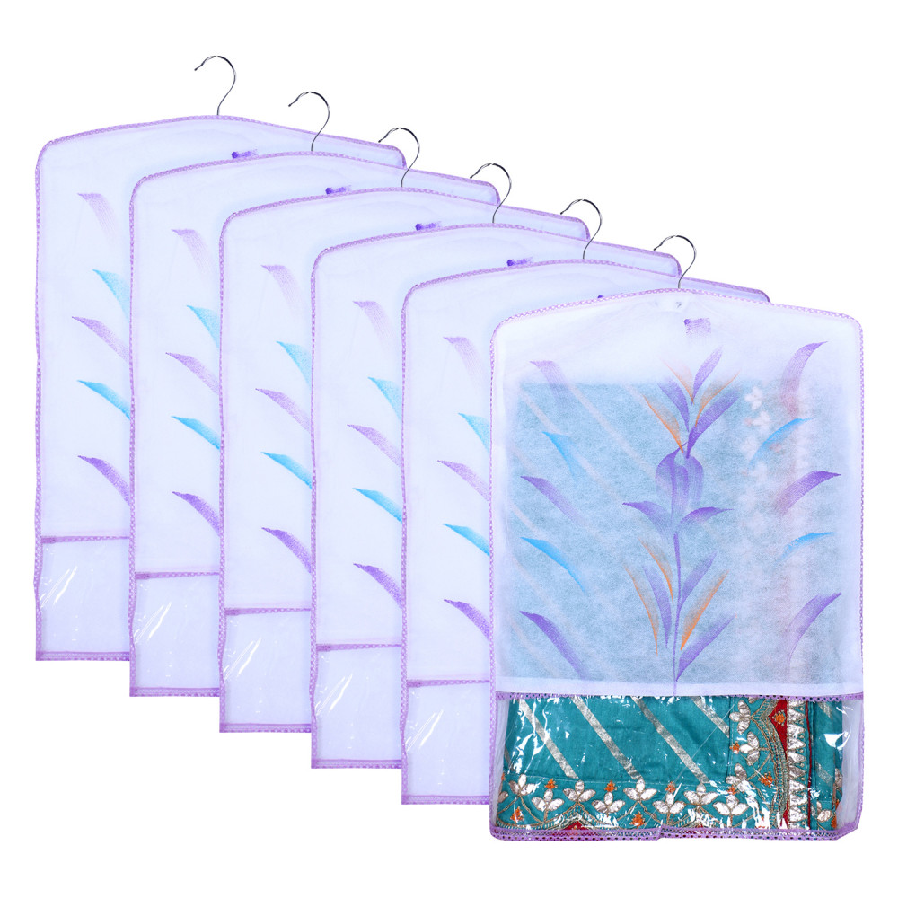Kuber Industries Hanging Saree Cover | Brush Painting Pattern Saree Cover | Non-Woven Saree Covers for Home | Saree Cover with Small Transparent view |  Purple