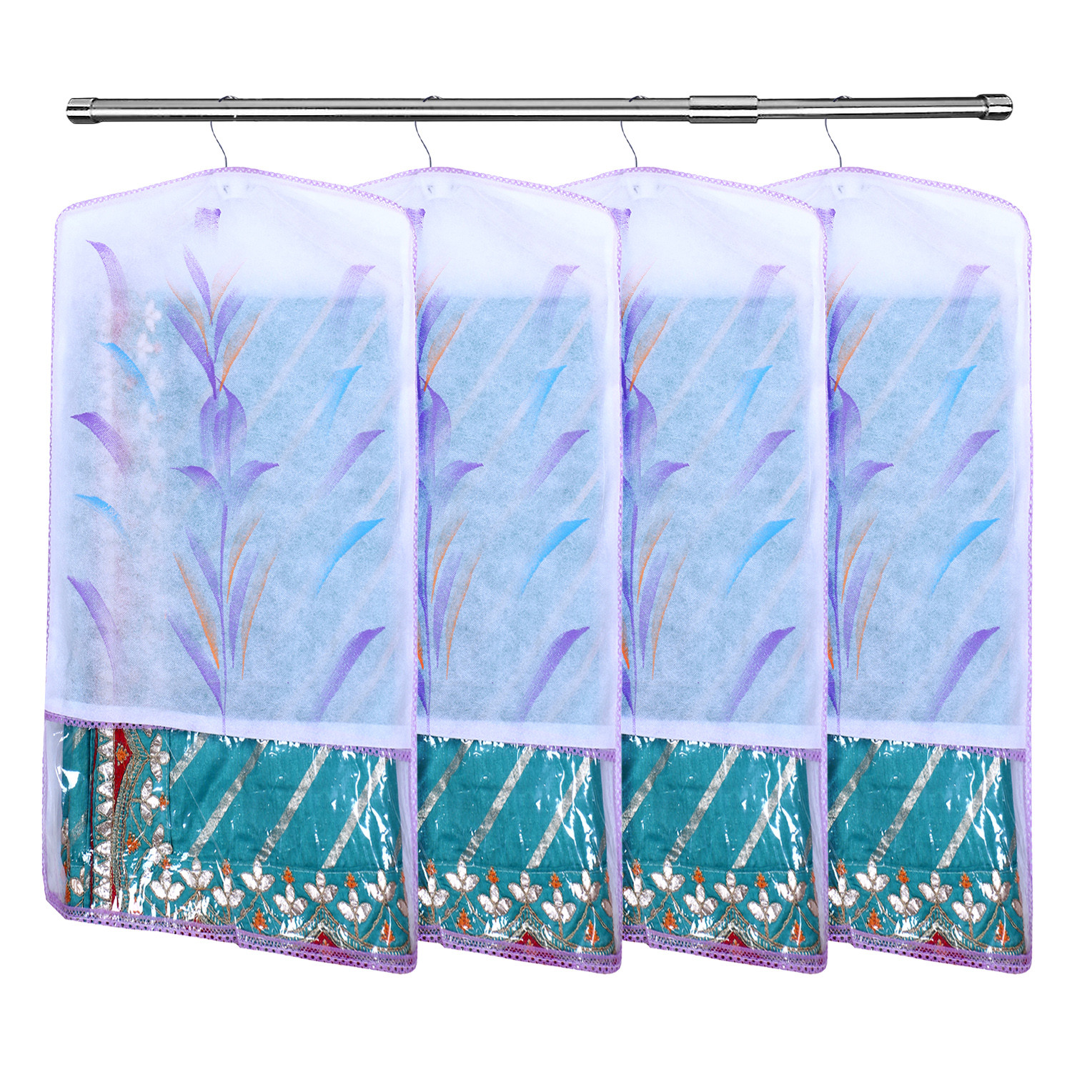 Kuber Industries Hanging Saree Cover | Brush Painting Pattern Saree Cover | Non-Woven Saree Covers for Home | Saree Cover with Small Transparent view |  Purple