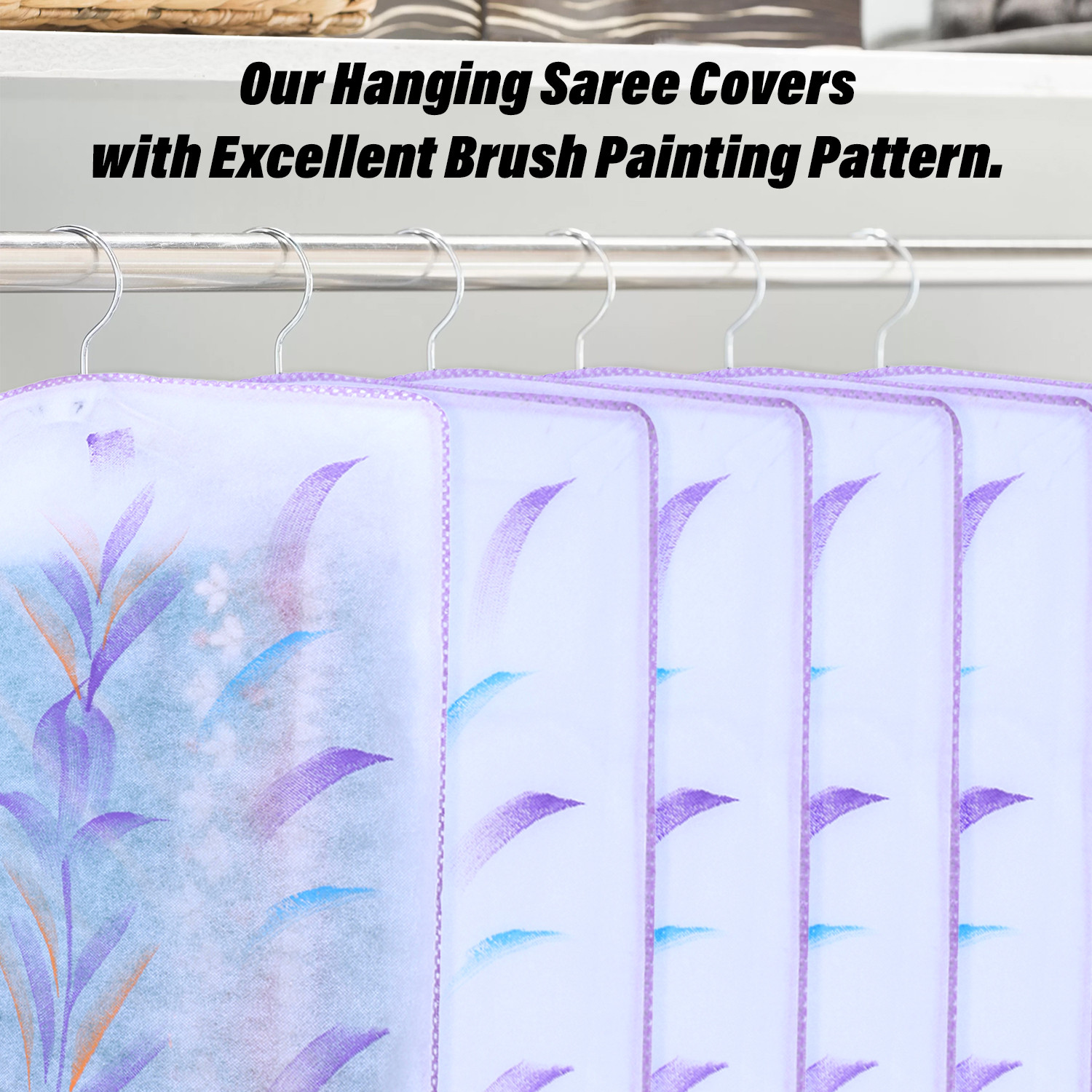 Kuber Industries Hanging Saree Cover | Brush Painting Pattern Saree Cover | Non-Woven Saree Covers for Home | Saree Cover with Small Transparent view |  Purple