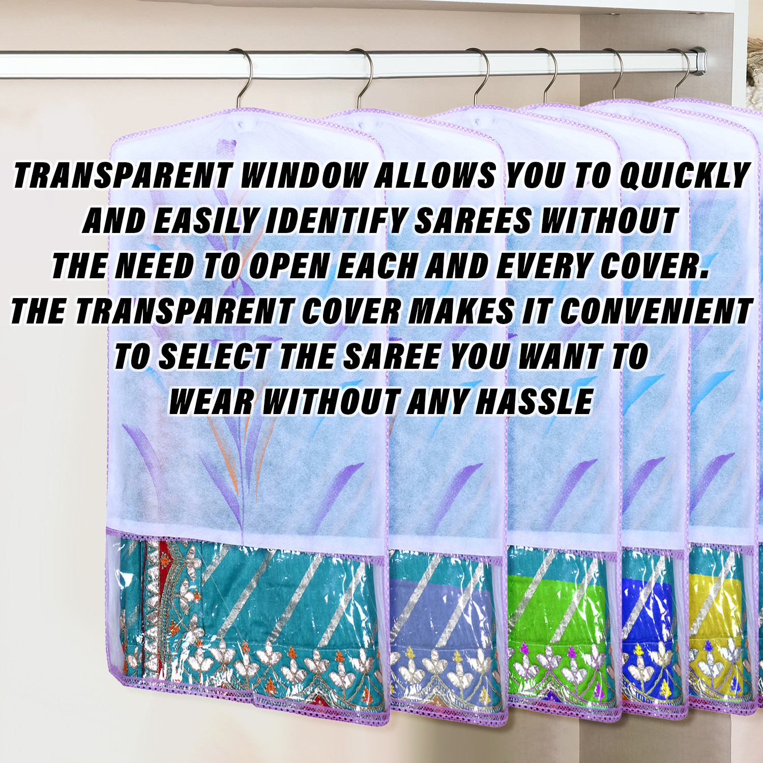 Kuber Industries Hanging Saree Cover | Brush Painting Pattern Saree Cover | Non-Woven Saree Covers for Home | Saree Cover with Small Transparent view |  Purple