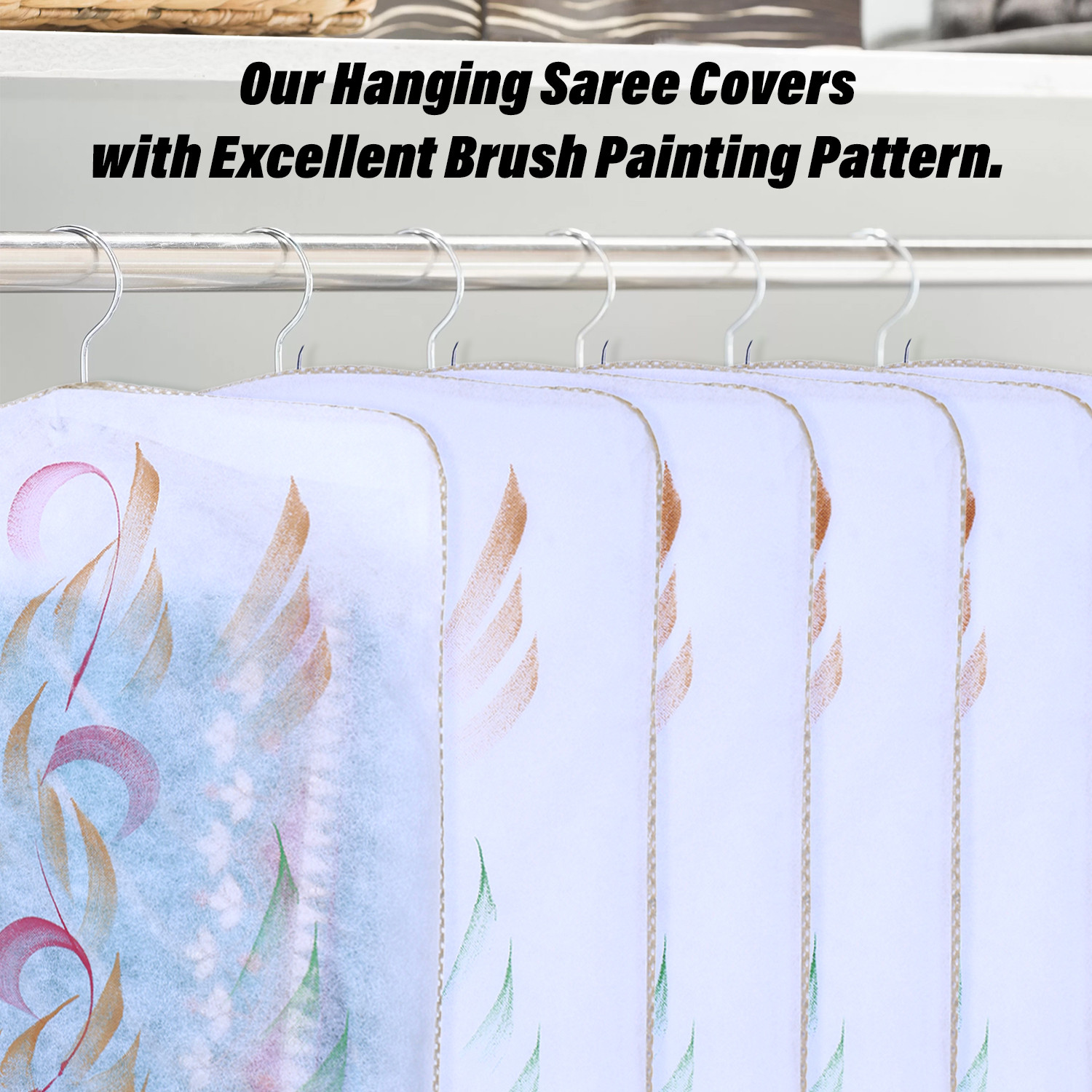 Kuber Industries Hanging Saree Cover | Brush Painting Pattern Saree Cover | Non-Woven Saree Covers for Home | Saree Cover with Small Transparent view |  Golden