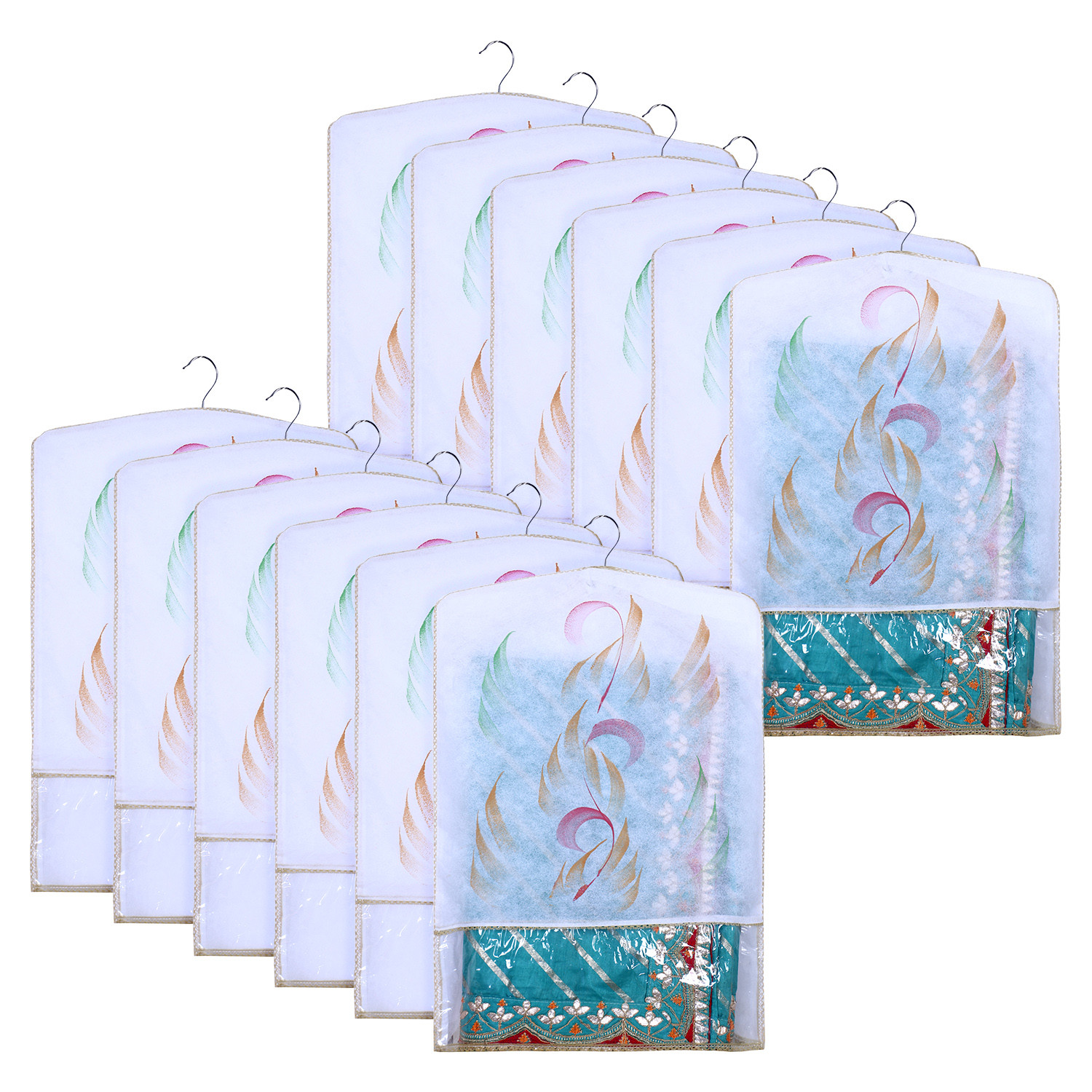 Kuber Industries Hanging Saree Cover | Brush Painting Pattern Saree Cover | Non-Woven Saree Covers for Home | Saree Cover with Small Transparent view |  Golden