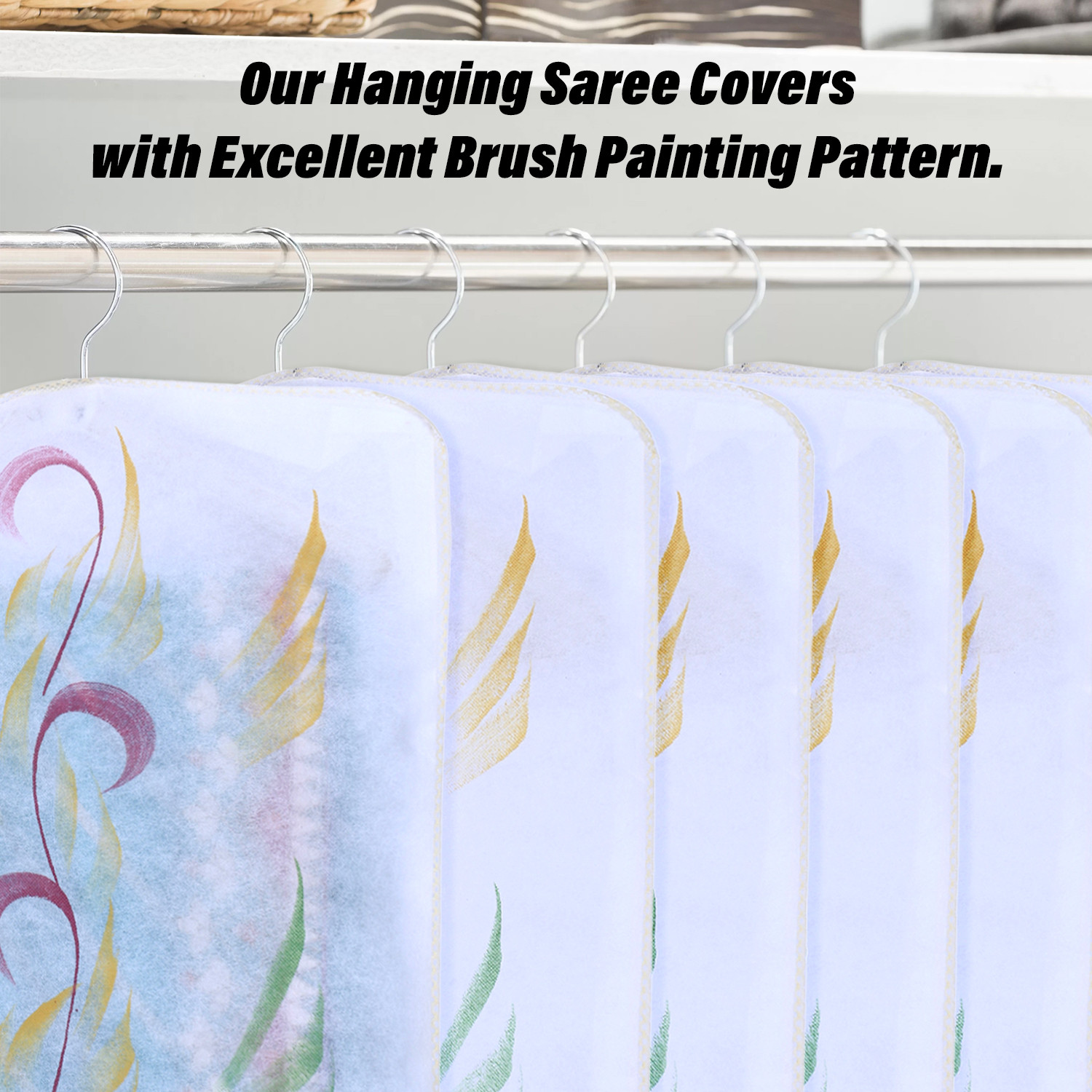 Kuber Industries Hanging Saree Cover | Brush Painting Pattern Saree Cover | Non-Woven Saree Covers for Home | Saree Cover with Small Transparent view |  Yellow