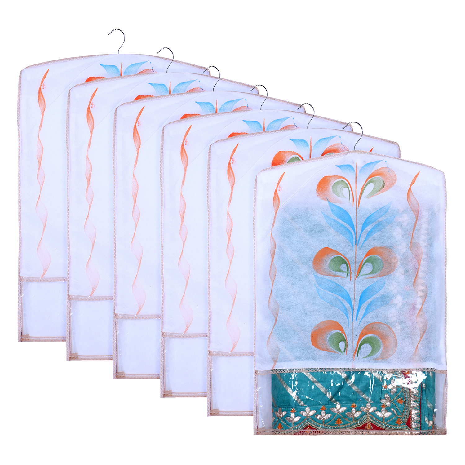 Kuber Industries Hanging Saree Cover | Brush Painting Pattern Saree Cover | Non-Woven Saree Covers for Home | Saree Cover with Small Transparent view |  Peach