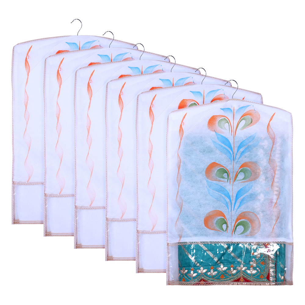 Kuber Industries Hanging Saree Cover | Brush Painting Pattern Saree Cover | Non-Woven Saree Covers for Home | Saree Cover with Small Transparent view |  Peach