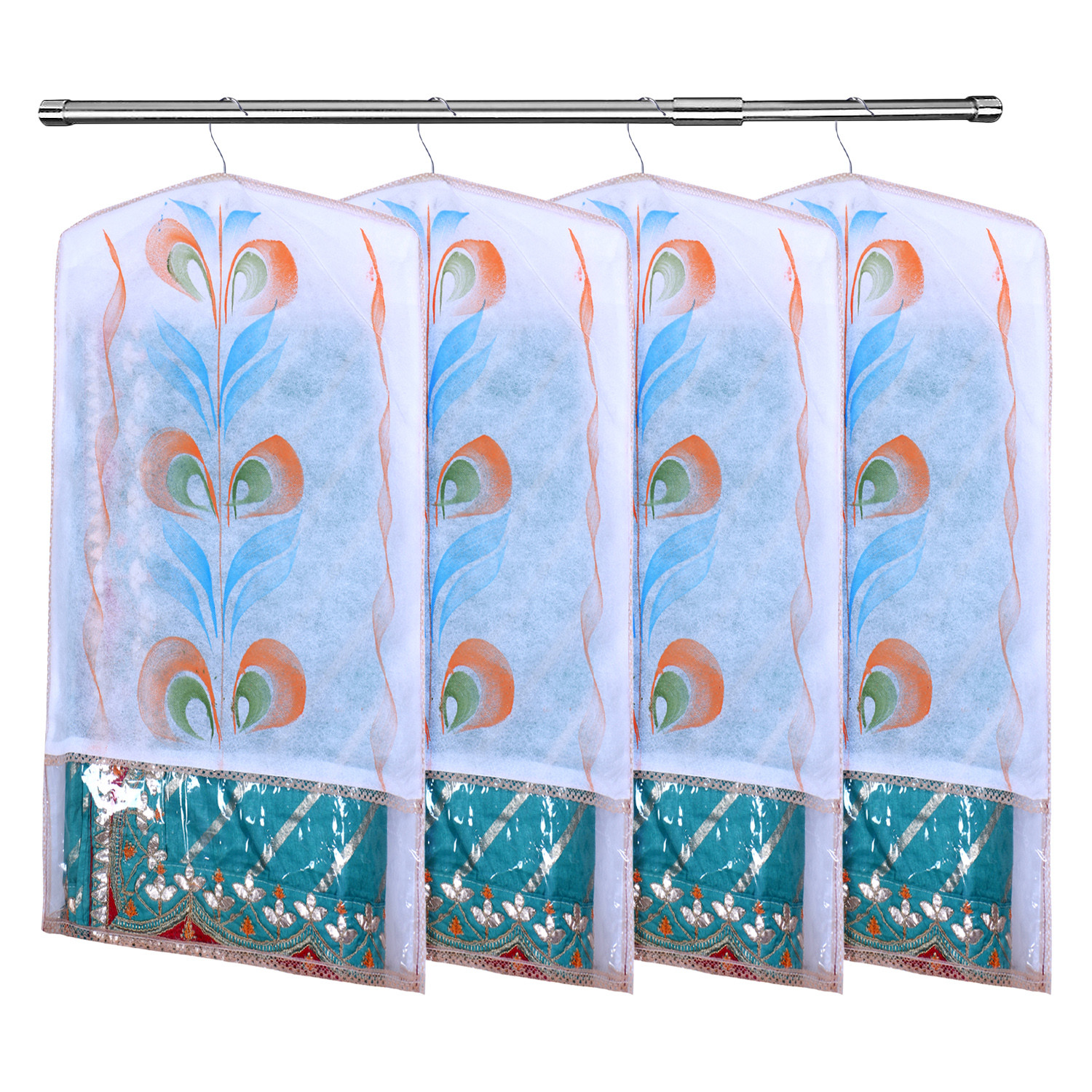Kuber Industries Hanging Saree Cover | Brush Painting Pattern Saree Cover | Non-Woven Saree Covers for Home | Saree Cover with Small Transparent view |  Peach