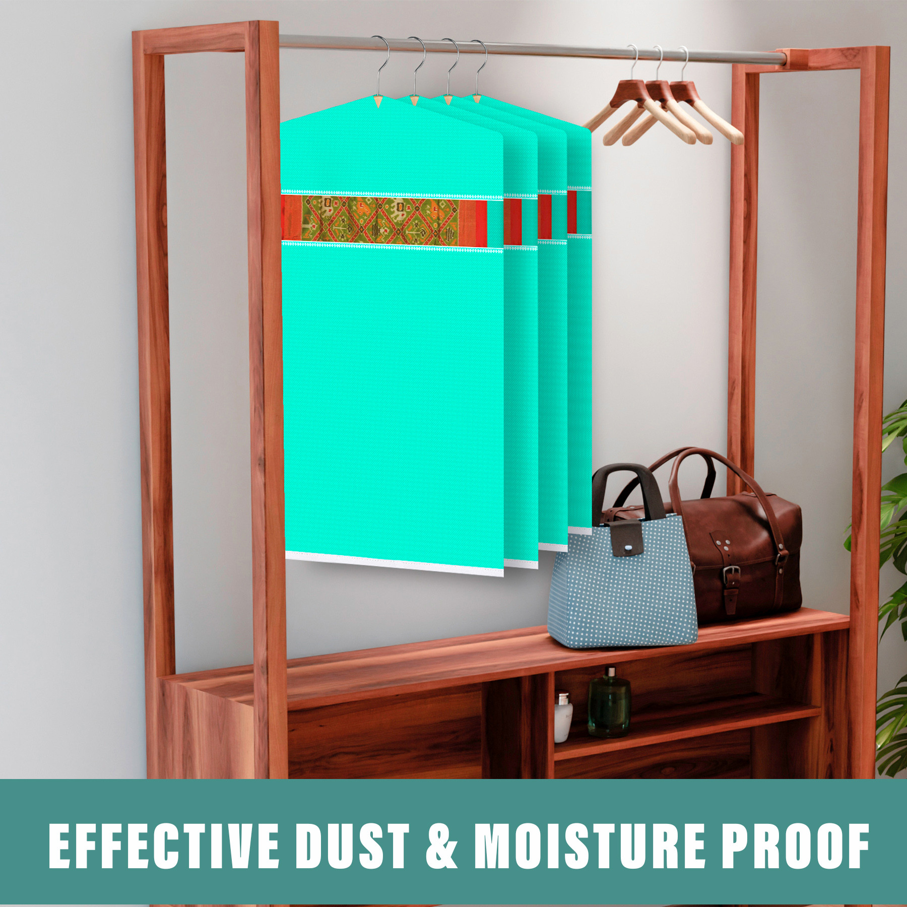 Kuber Industries Hanging Saree Cover  Non-Woven Plain Hanging Saree Bag  Clothes Saree Stoarge Organizer  Small Transparent View Hanging Saree Cover  Pack of 3  Green