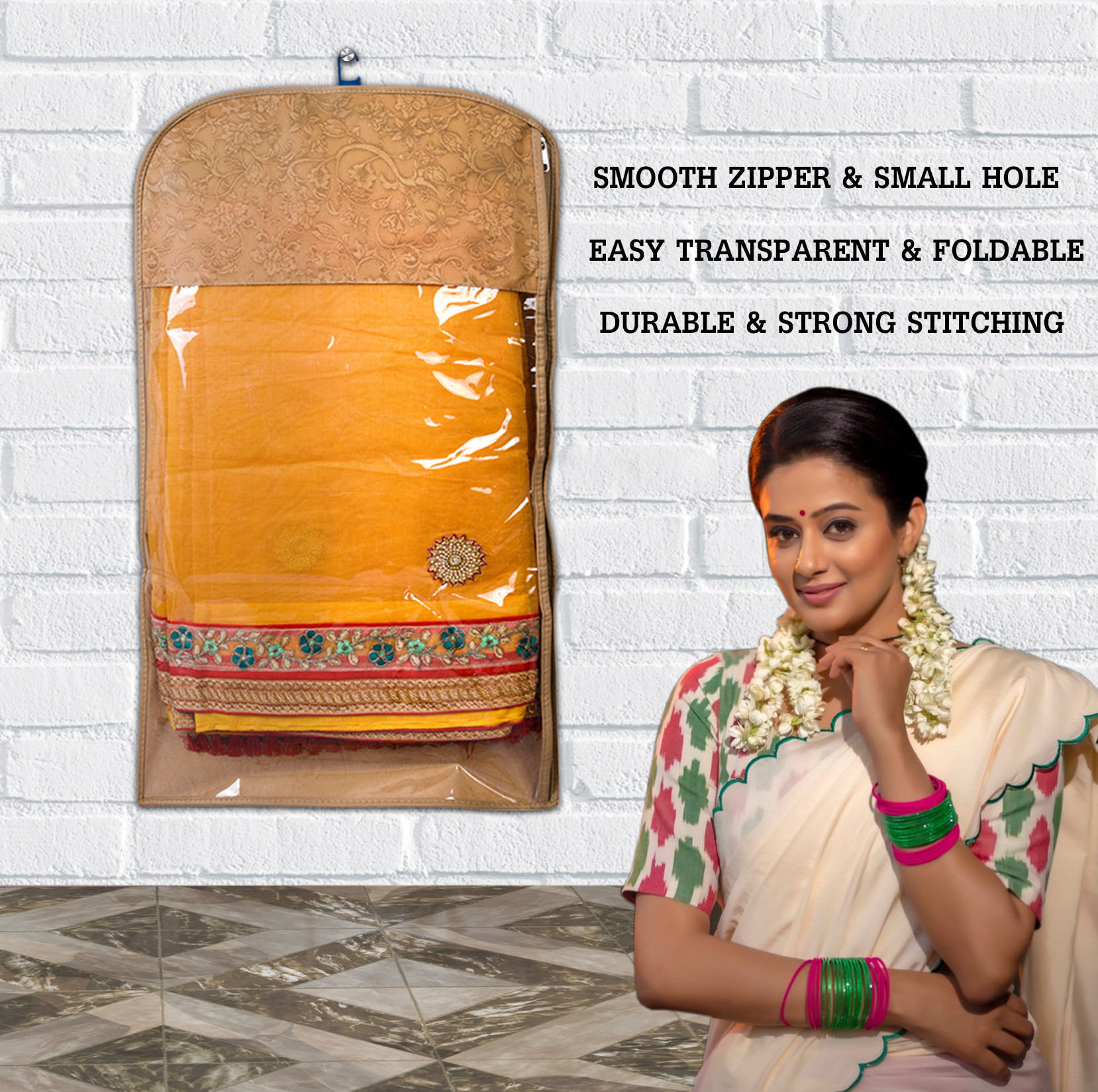 Kuber Industries Hanging Saree Cover for Clothes Storage|Non Woven Flower Pattern Wardrobe Organizer With Transparent Window(Cream)
