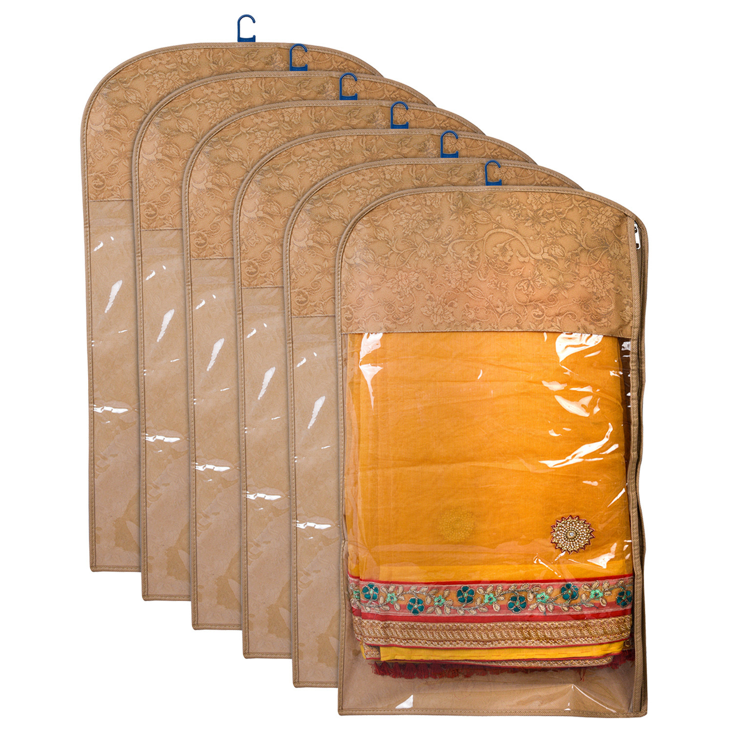 Kuber Industries Hanging Saree Cover for Clothes Storage|Non Woven Flower Pattern Wardrobe Organizer With Transparent Window(Cream)