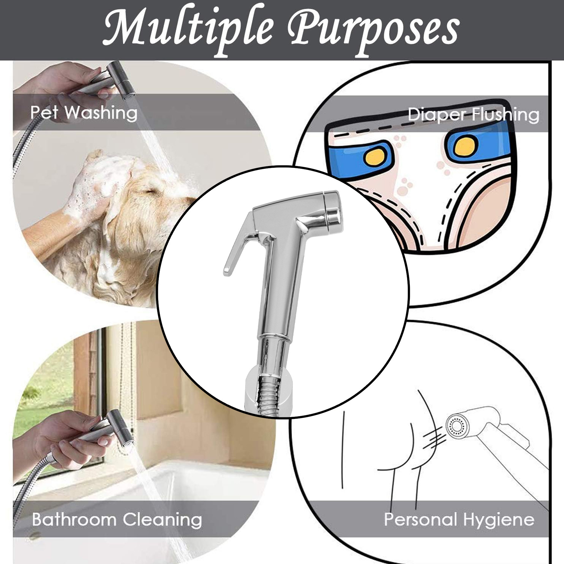 Kuber Industries Health Faucet | Stainless Steel Jet Spray for Toilet | Health Faucet for Toilet | Hand Faucets with Hose & Wall Hook | Toilet Desire Health Faucet | Silver