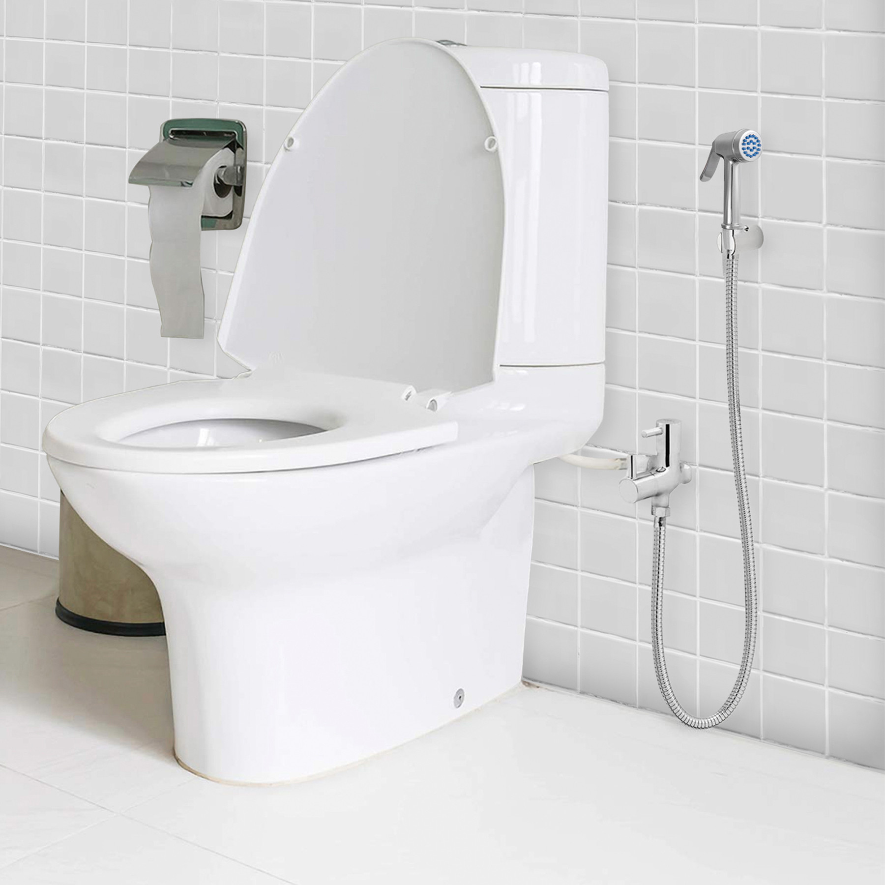 Kuber Industries Health Faucet | Stainless Steel Jet Spray for Toilet | Health Faucet for Toilet | Hand Faucets with Hose & Wall Hook | Toilet Nozzle Health Faucet | Silver