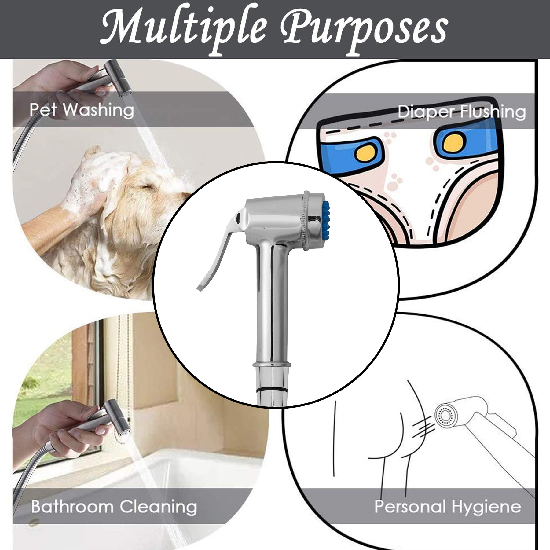 Kuber Industries Health Faucet | Stainless Steel Jet Spray for Toilet | Health Faucet for Toilet | Hand Faucets with Hose & Wall Hook | Toilet Nozzle Health Faucet | Silver