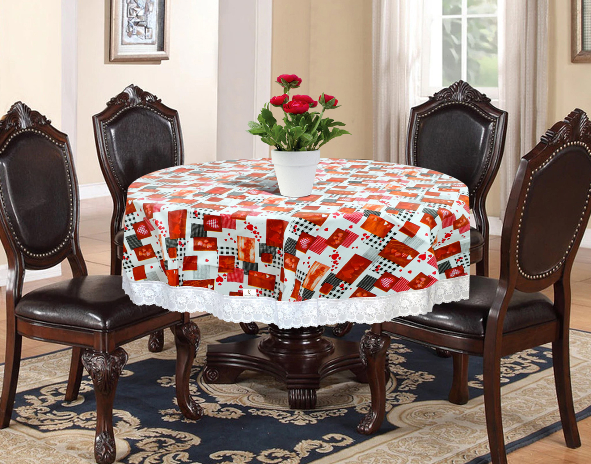 Kuber Industries Heart Print Round Table Cover 60 Inch-Waterproof PVC Resistant Spillproof PVC Fabric Table Cover for Dining Room Kitchen Party (Maroon)-KUBMRT11817