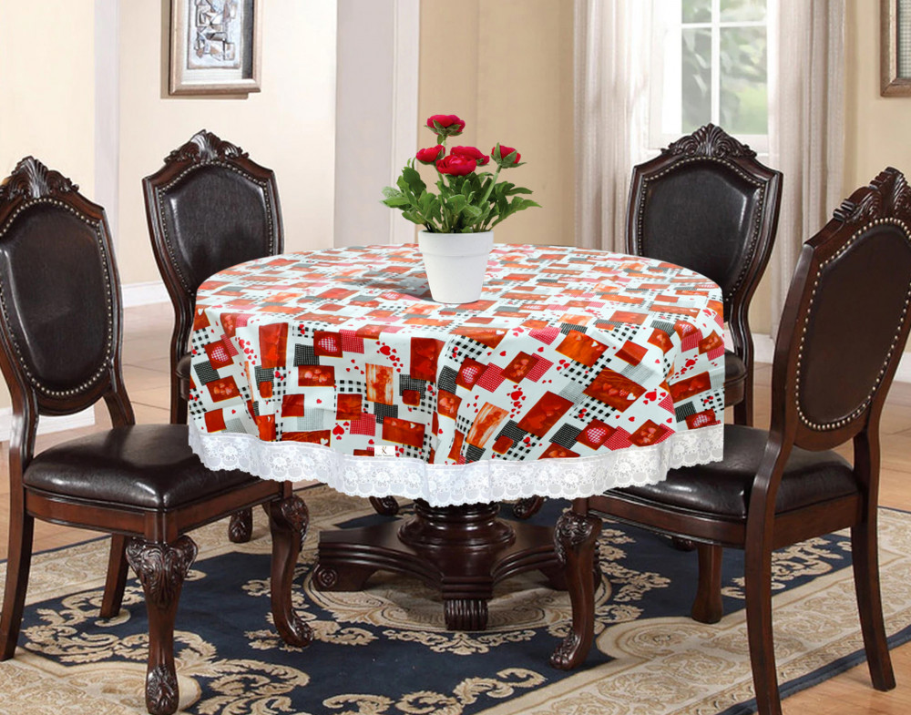 Kuber Industries Heart Print Round Table Cover 60 Inch-Waterproof PVC Resistant Spillproof PVC Fabric Table Cover for Dining Room Kitchen Party (Maroon)-KUBMRT11817