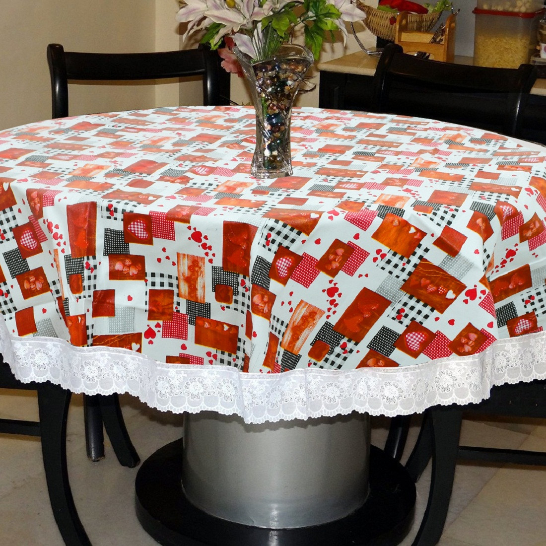 Kuber Industries Heart Print Round Table Cover 60 Inch-Waterproof PVC Resistant Spillproof PVC Fabric Table Cover for Dining Room Kitchen Party (Maroon)-KUBMRT11817