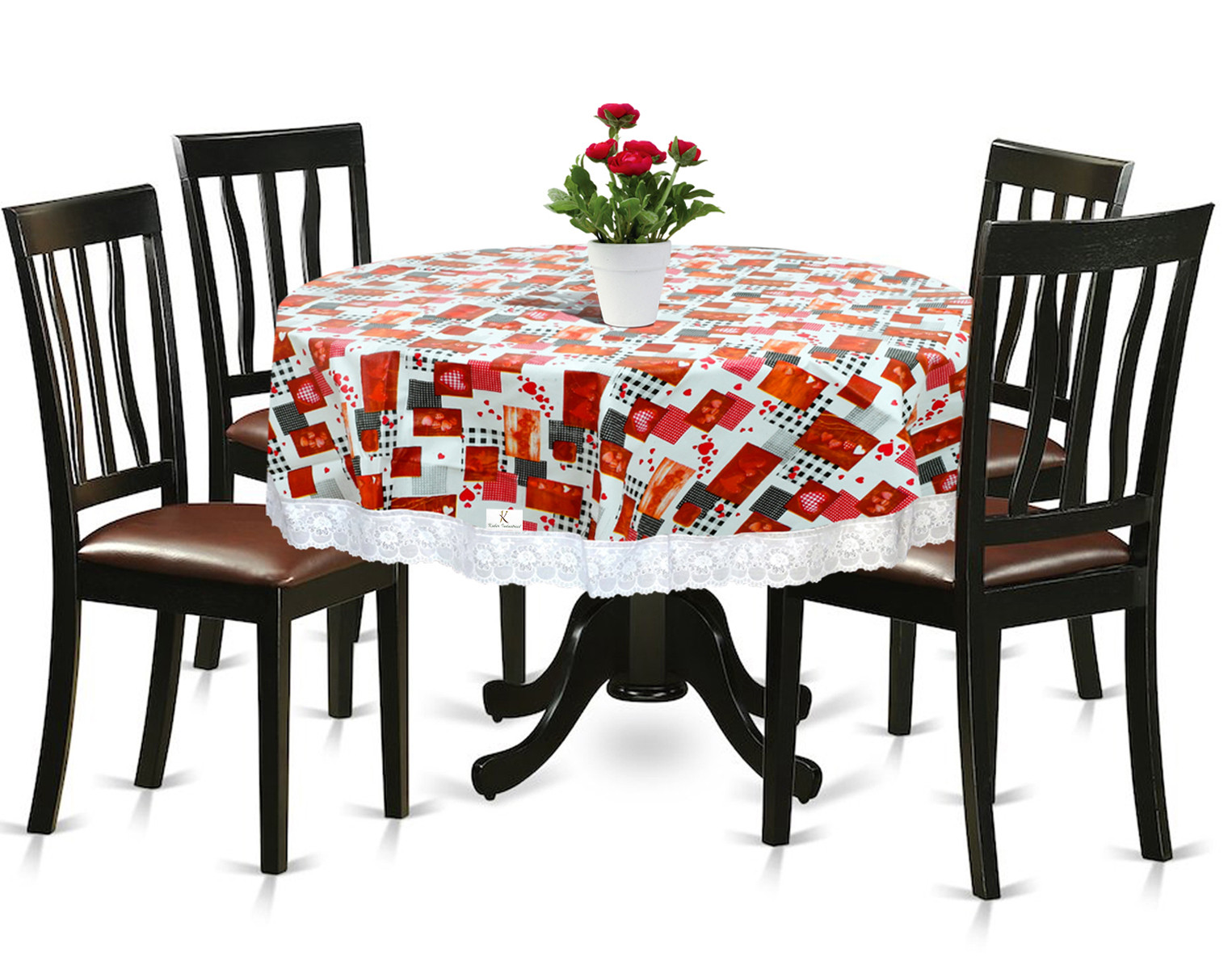 Kuber Industries Heart Print Round Table Cover 60 Inch-Waterproof PVC Resistant Spillproof PVC Fabric Table Cover for Dining Room Kitchen Party (Maroon)-KUBMRT11817