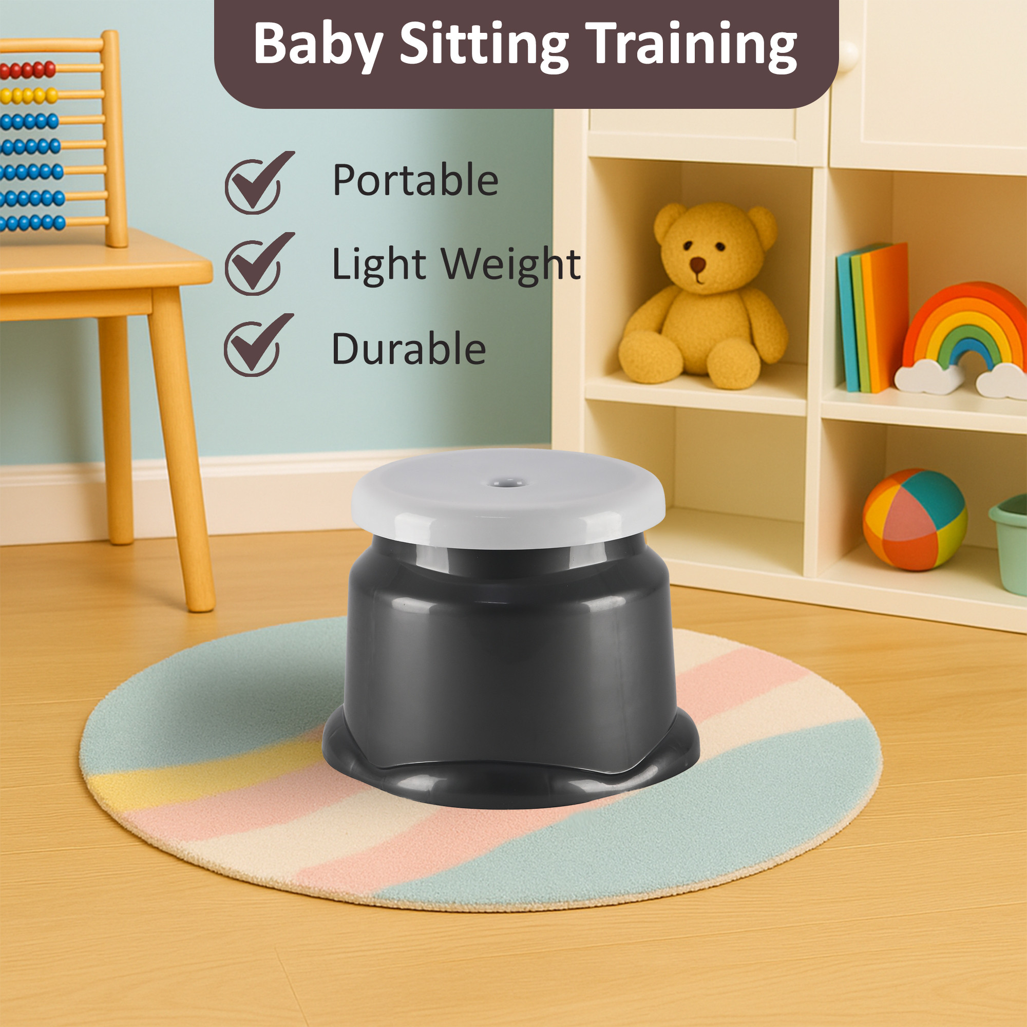 Kuber Industries Heavy Duty Plastic Stool for Sitting  Bathing  Durable Anti-Slip Machiya Comfortable Indoor  Outdoor  Multiple Space Use Home Kitchen Bathroom and Living Room  Grey  White
