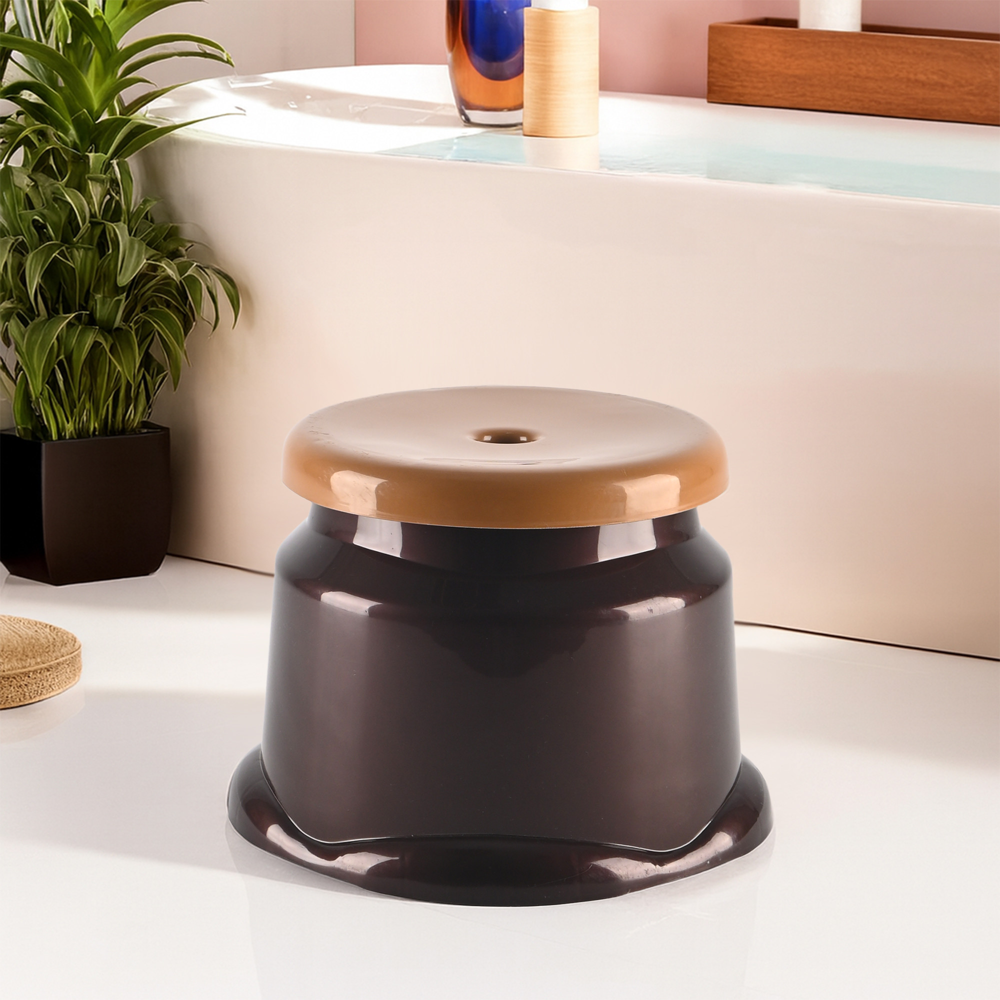 Kuber Industries Heavy Duty Plastic Stool for Sitting  Bathing  Durable Anti-Slip Machiya Comfortable Indoor  Outdoor  Multiple Space Use Home Kitchen Bathroom and Living Room  Brown  Ivory