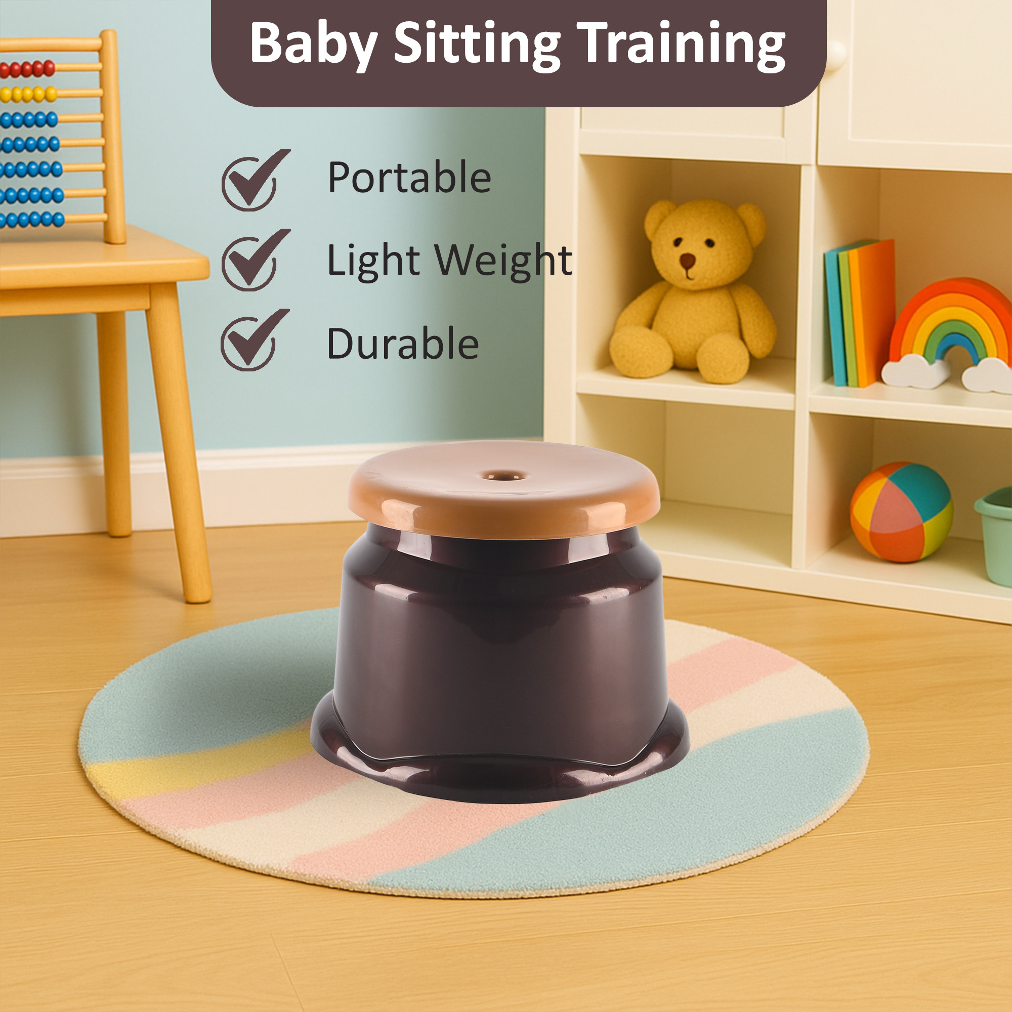 Kuber Industries Heavy Duty Plastic Stool for Sitting  Bathing  Durable Anti-Slip Machiya Comfortable Indoor  Outdoor  Multiple Space Use Home Kitchen Bathroom and Living Room  Brown  Ivory